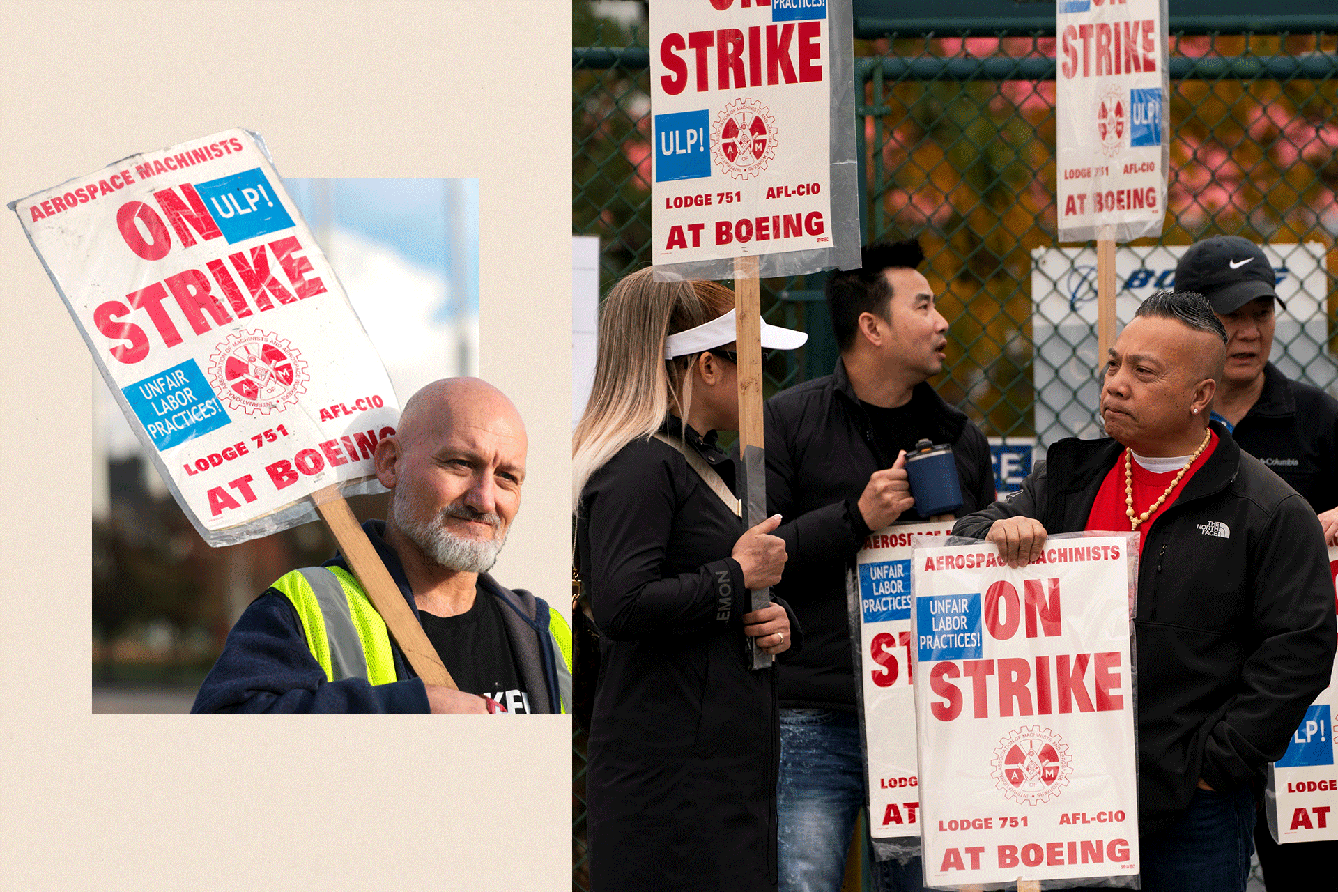 Boeing workers picket outside a Boeing facility during a strike