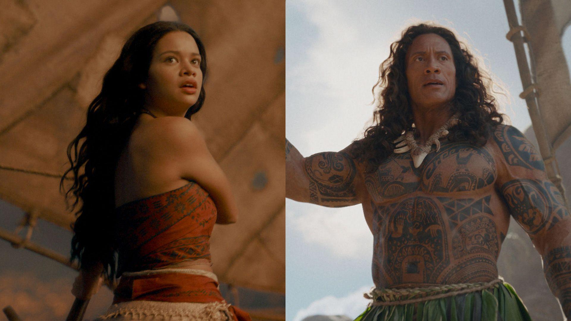 Two stills from the live action Moana. On the left is a picture of Catherine Laga'aia as Moana and on the right is a still of Dwayne Johnson as Maui.