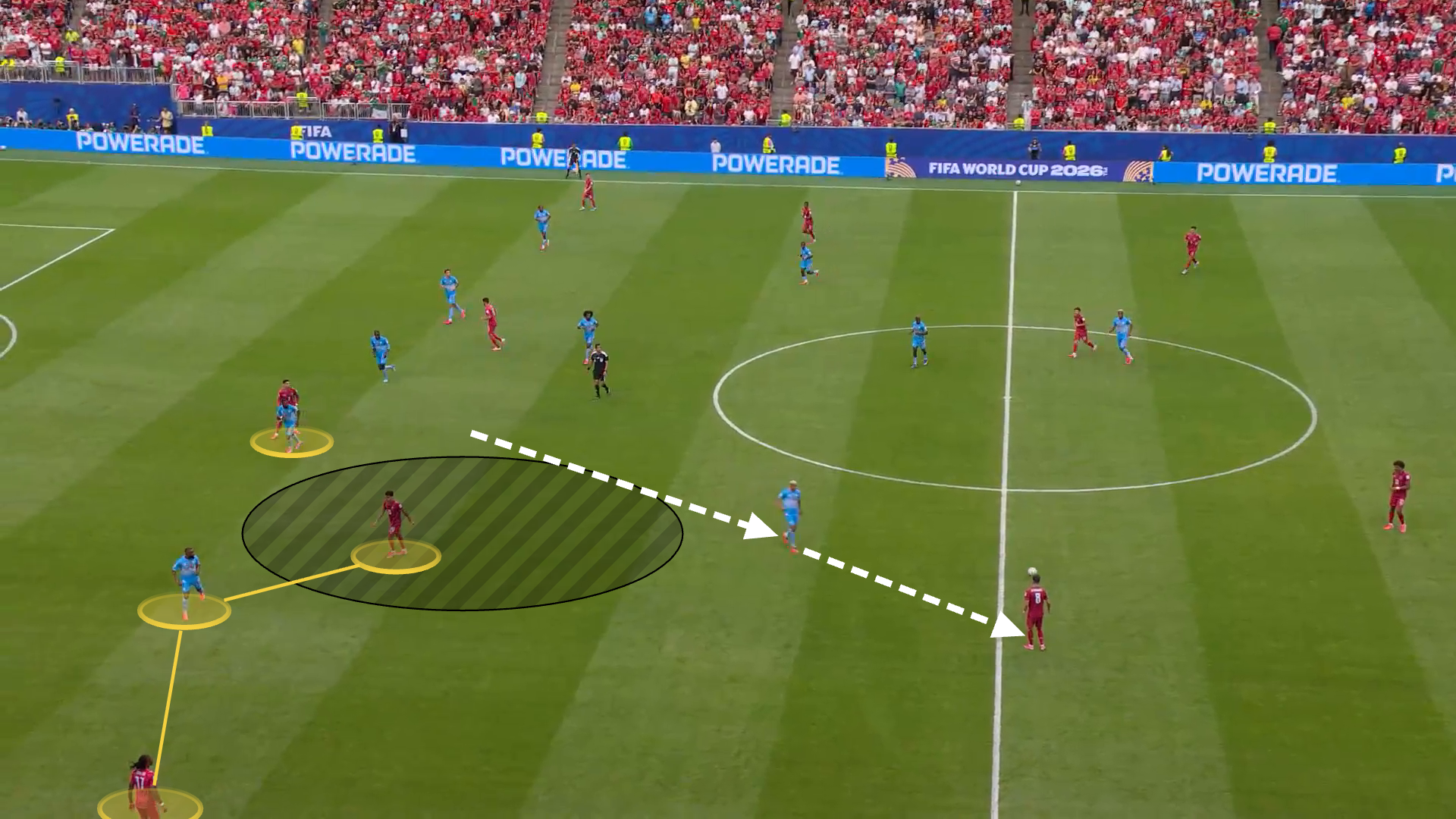 Screengrab from Portugal v DR Congo showing Portugal's third centre-back drawing a DR Congo midfielder out of position and the space it leaves behind him