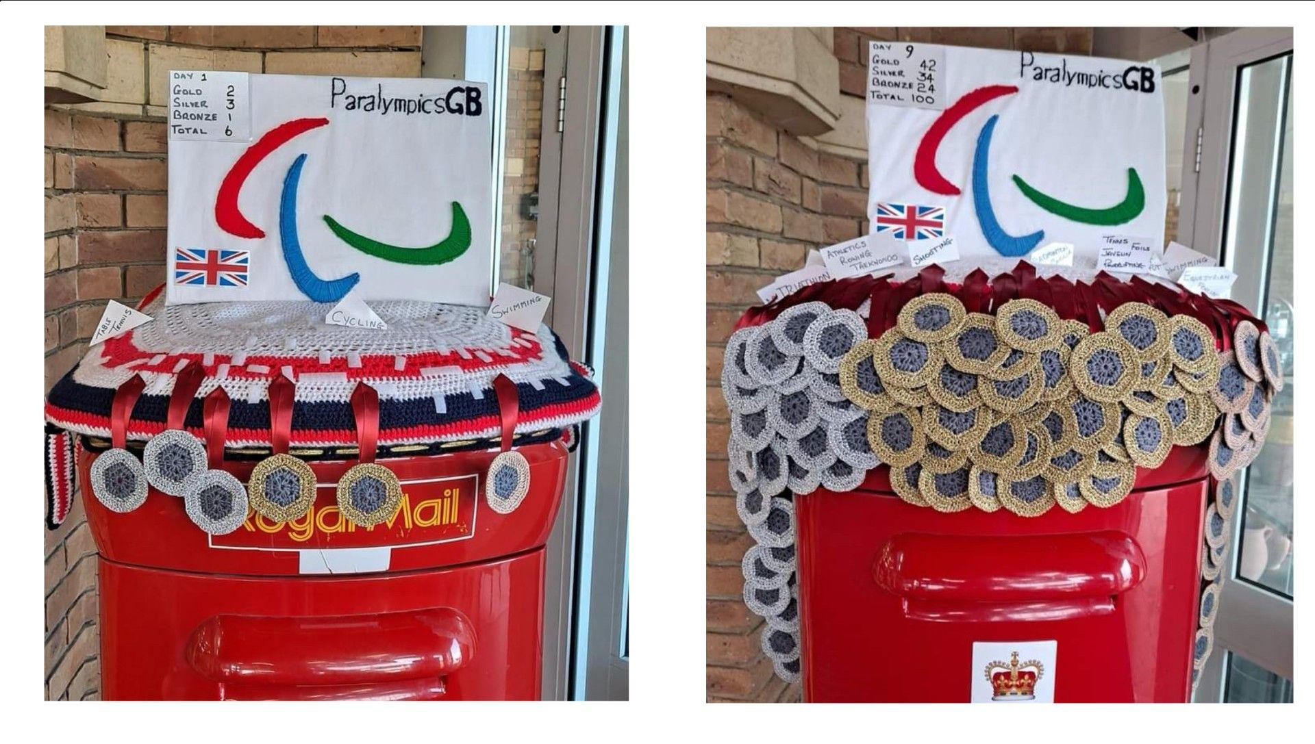 Post box topper showing the Paralympic logo in wool and gold, silver and bronze medals clustered beneath. The picture on the left shows six, while the one on the right shows 124