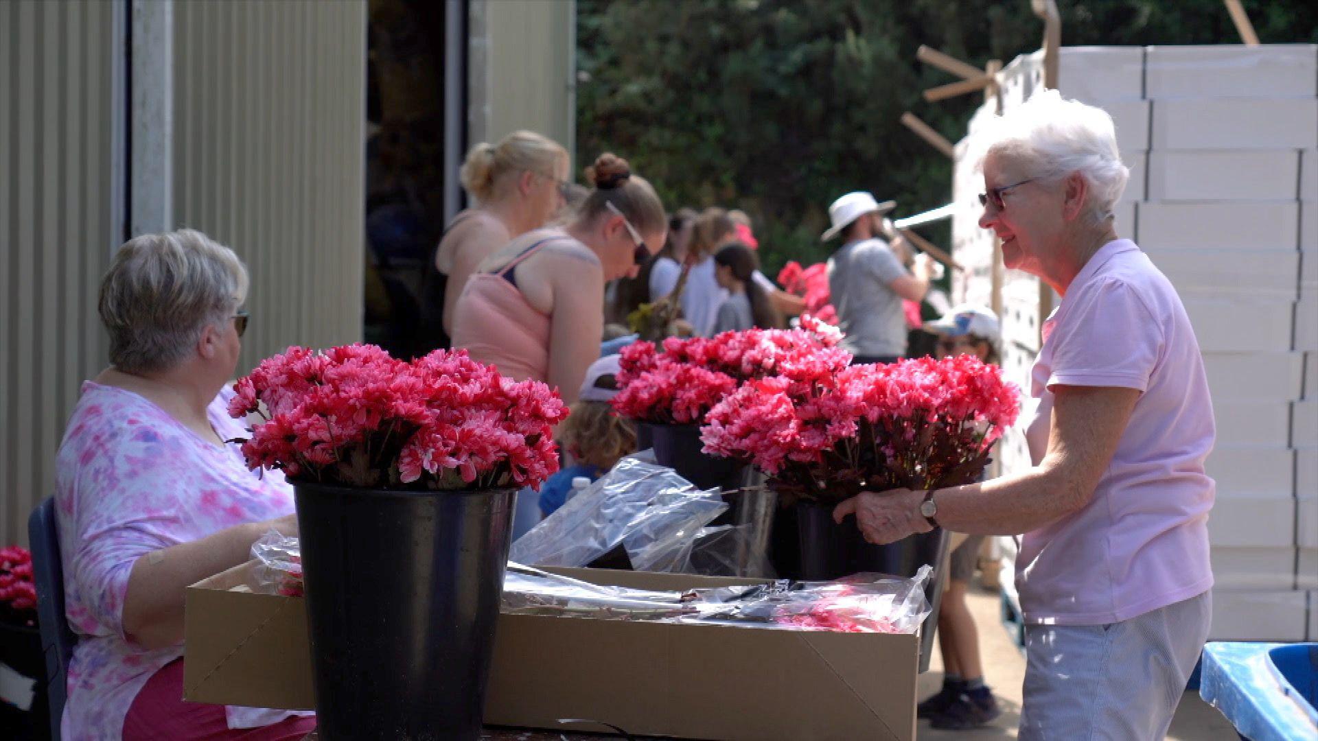 Two women standing either side of buckets full of pink flowers and a box containing more flowers next to a corrugated shed building with more people sorting flowers visitble in the background