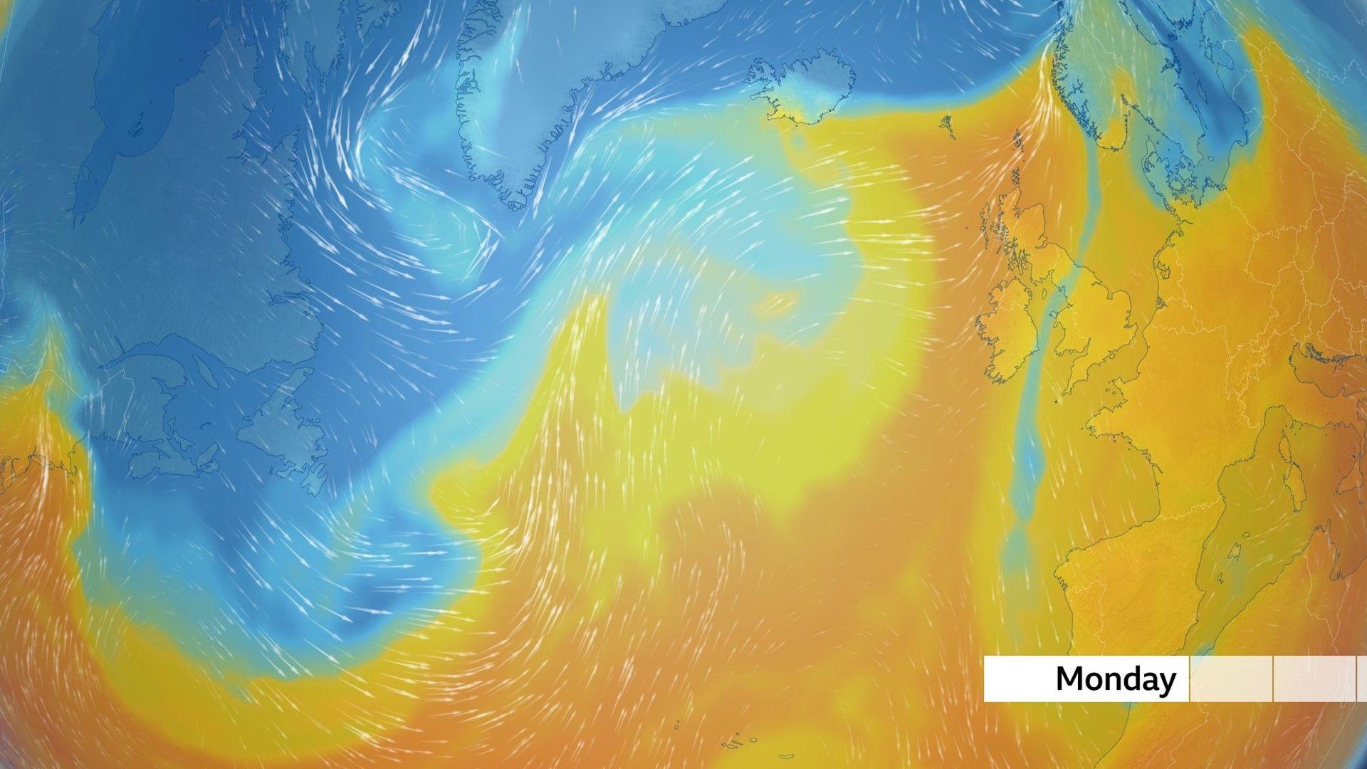 Colour map of UK and Atlantic showing winds and cool and warm air.