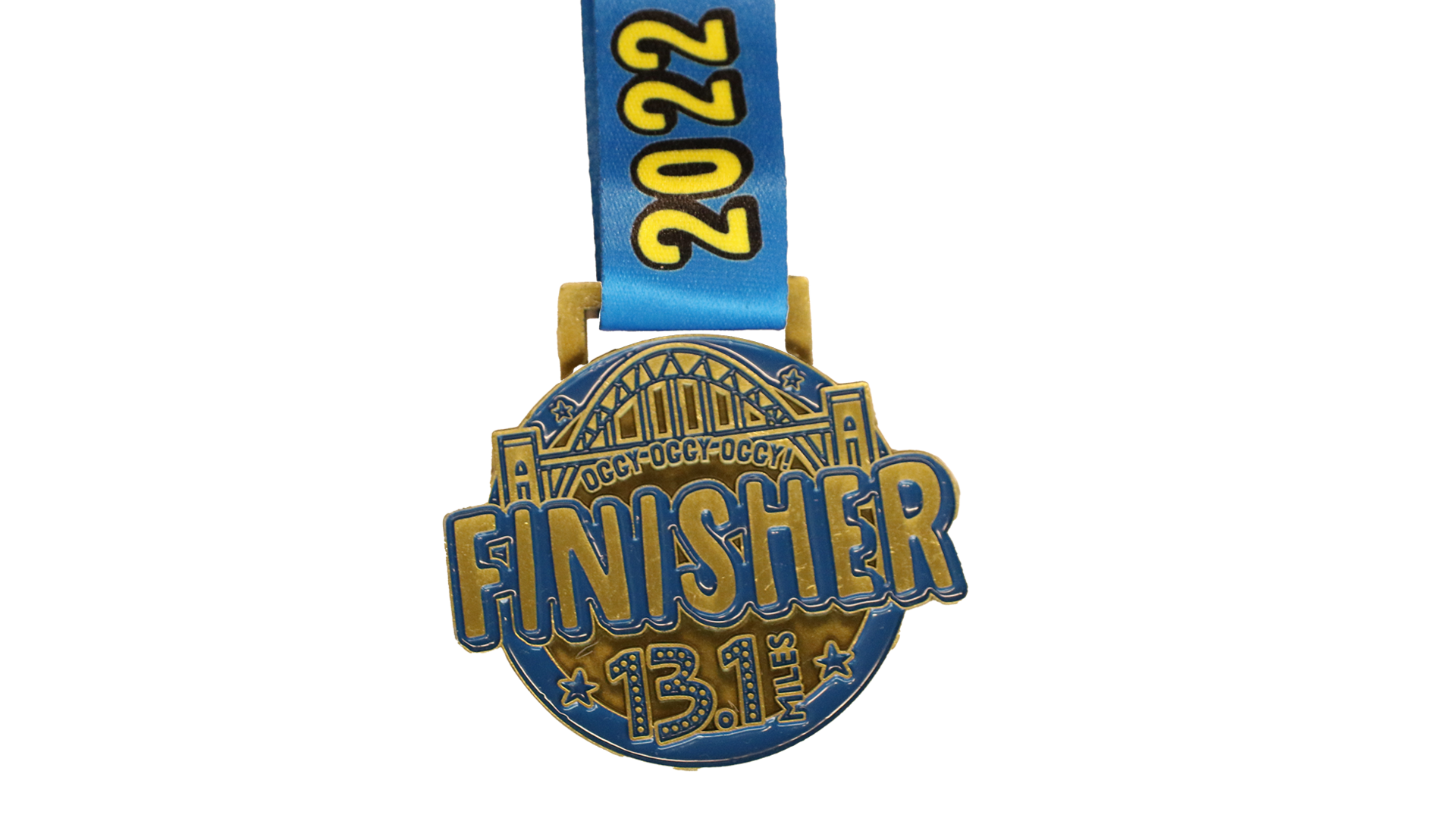 A gold and blue coloured circular medal. Finisher is across the middle and stars are at the bottom with 13.1 miles on. 