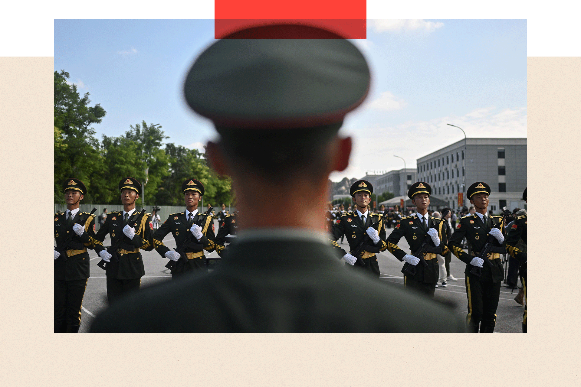 Chinese military personnel take part in a rehearsal