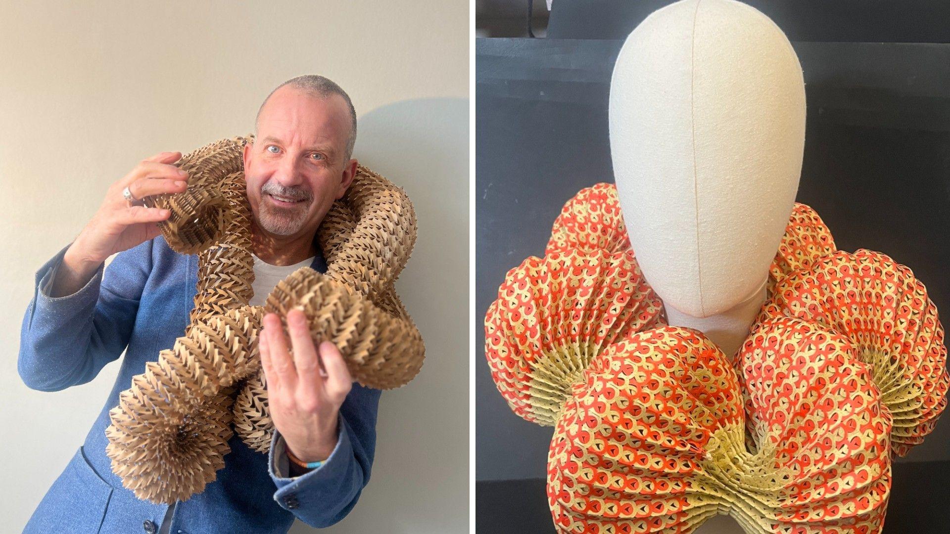 Darryl Bedford with one of his art pieces around his neck (left) and paper artwork (right). 