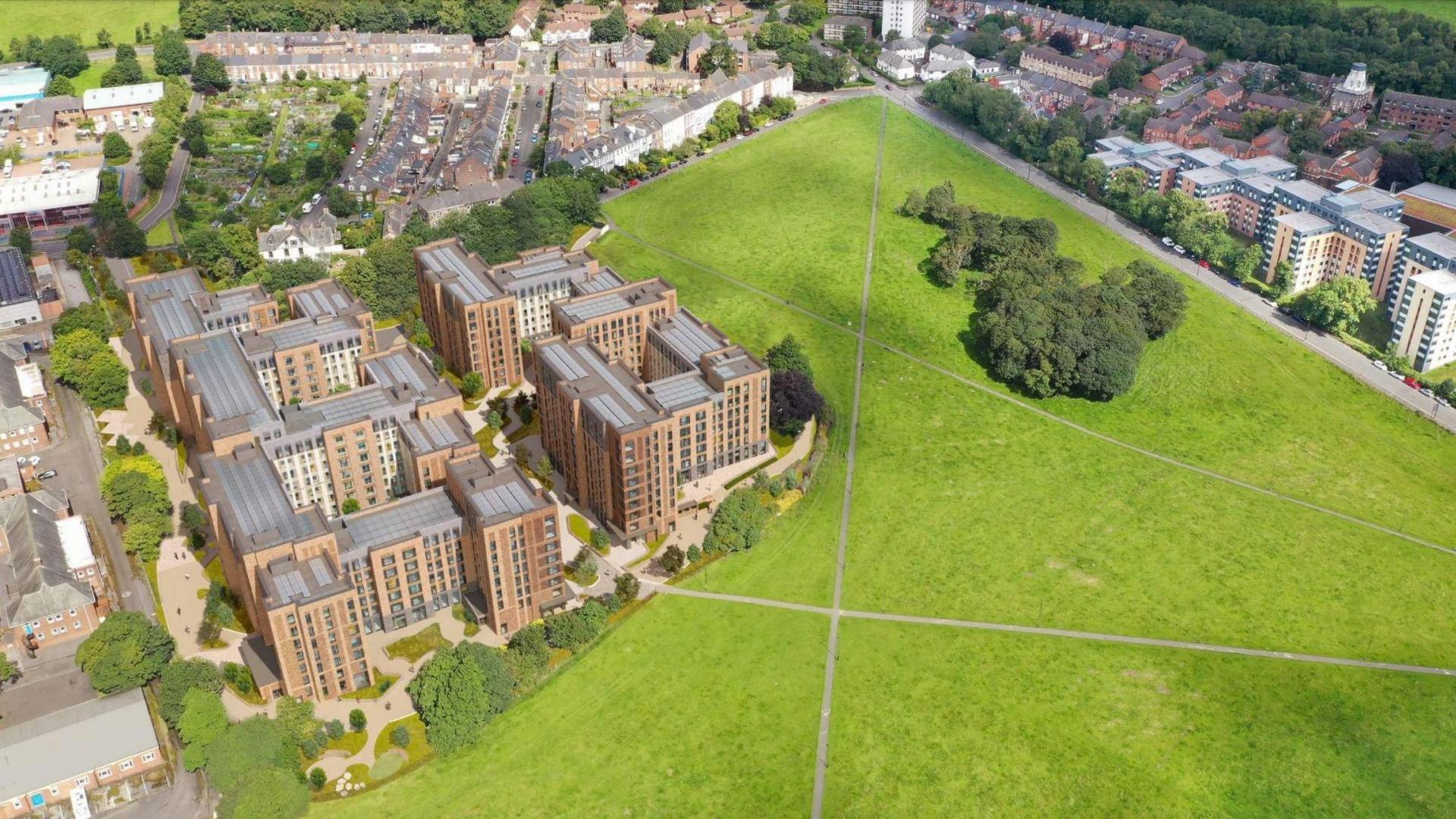 An aerial shot of the new Castle Leazes site, which backs onto a field