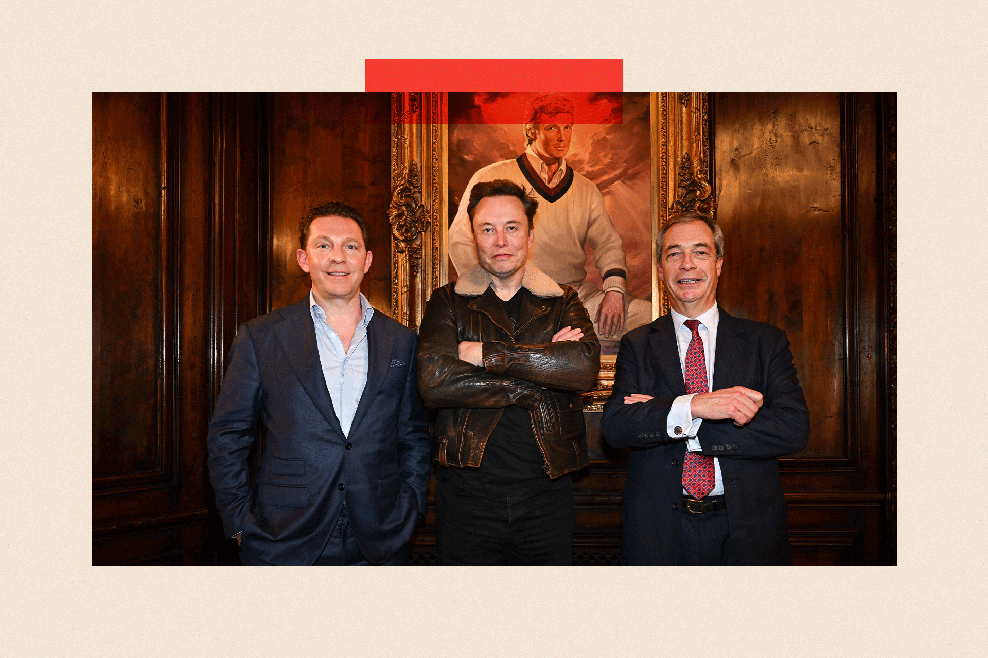 Nick Candy, Elon Musk and Nigel stand in front of a portrait painting of Donald Trump