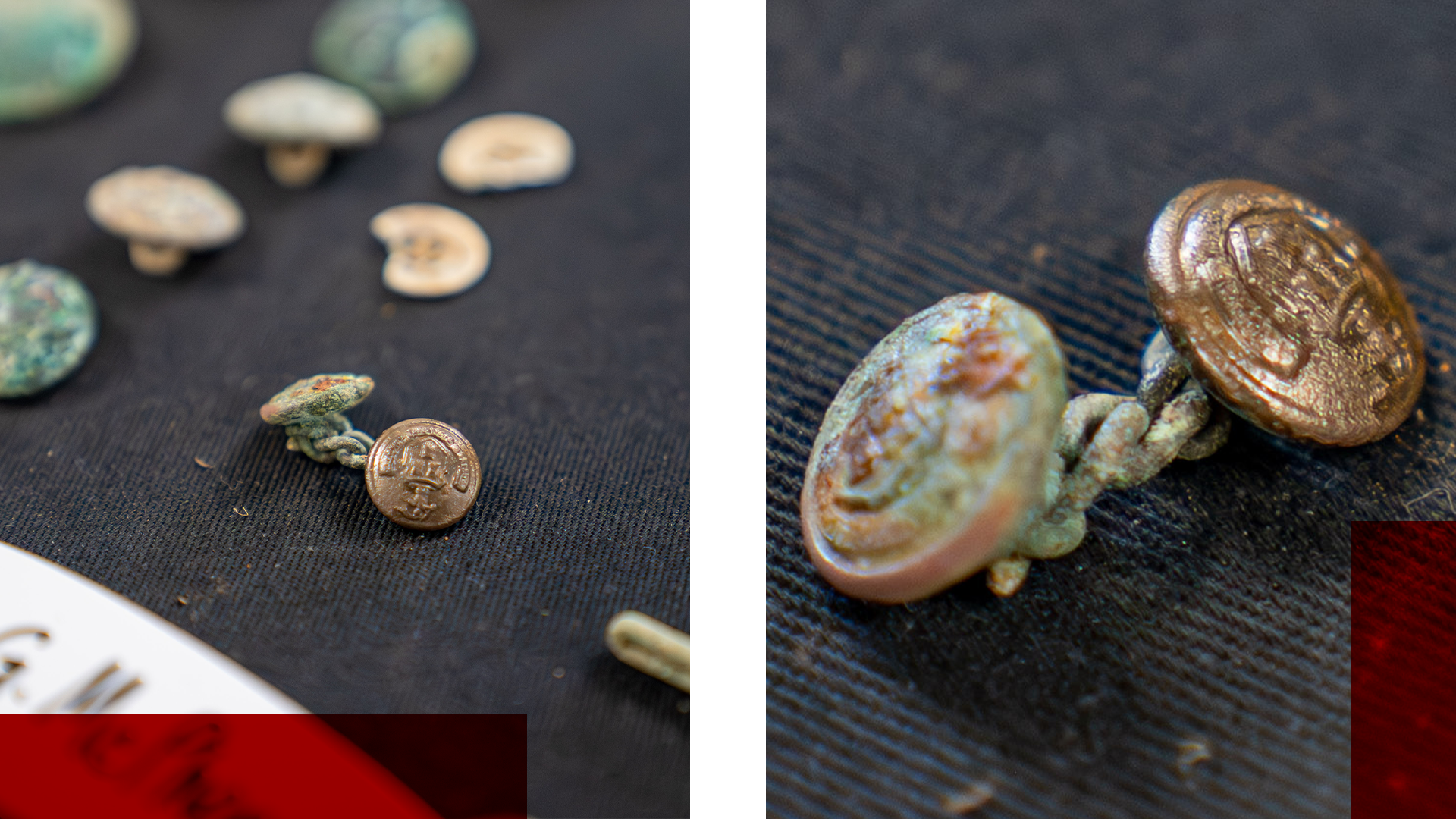 Two separate images showing buttons for the Newcastle Corporation Tramway, which were found along with one of the sets of remains.