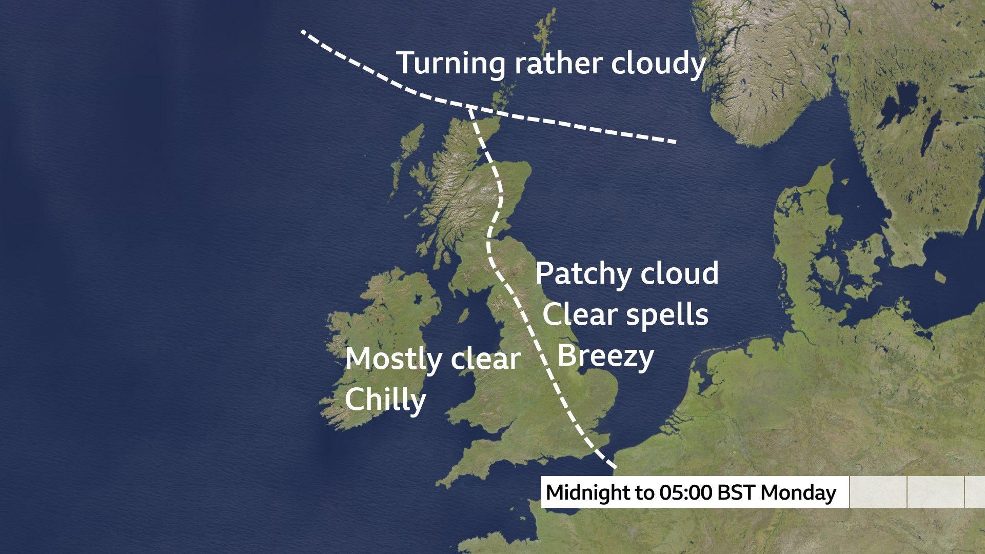 Weather map of the UK divided into three sections to show the forecast for the peak of the Eta Aquarid shower. Orkney and Shetland will be turning rather cloudy; eastern Scotland and eastern England will have patchy cloud and clear spells and it will be breezy; other areas will be mostly clear and chilly.