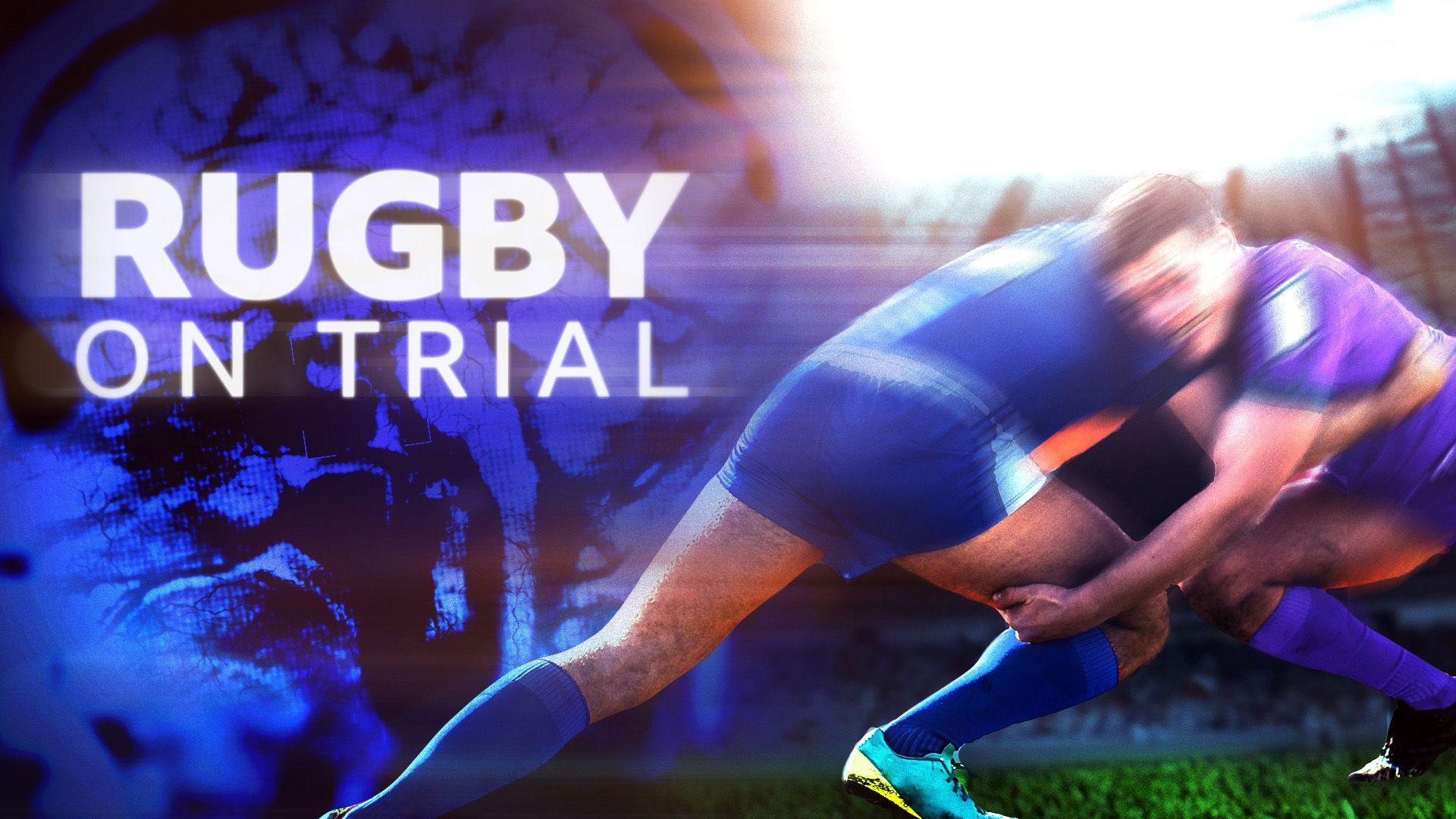 Poster image for the BBC's Rugby on Trial, showing two players tackling against the background of a blue brain scan and the show's title