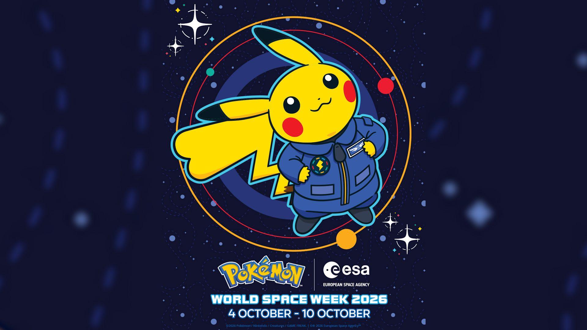 Poster image for Pokemon/ESA collaboration. Pikachu is wearing a blue space suit in space.