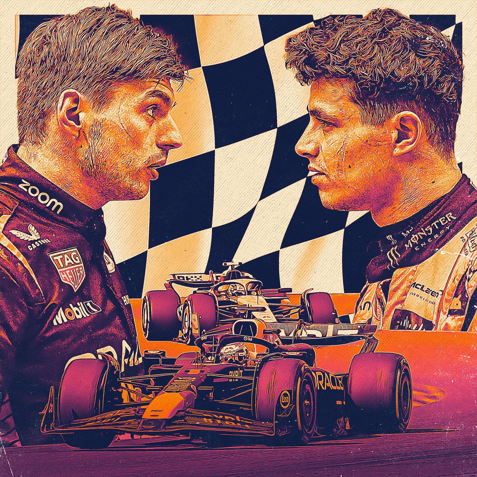 Graphic image depicting side views of Max Verstappen and Lando Norris looking towards each other, with a Red Bull and McLaren between them and chequered flag in the background 