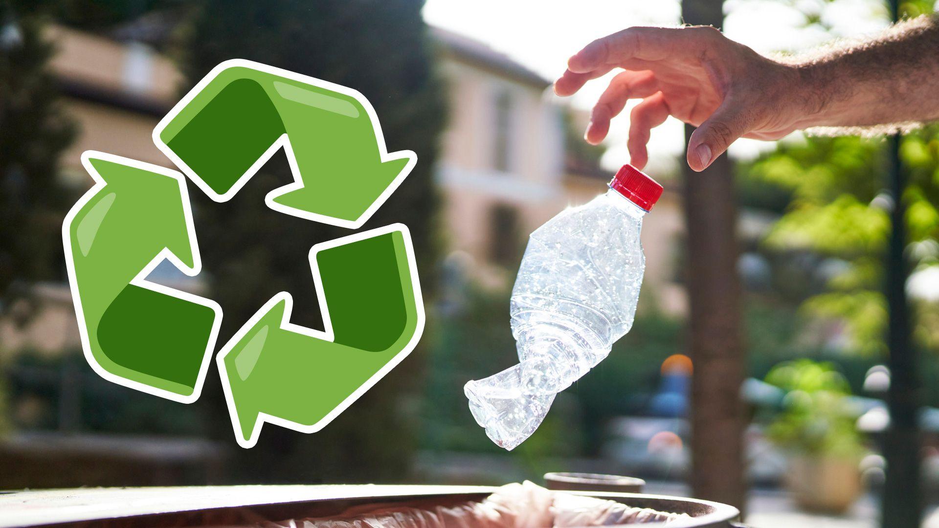 A person throwing a used plastic bottle in the bin, with the recycling emoji symbol next to the photo.