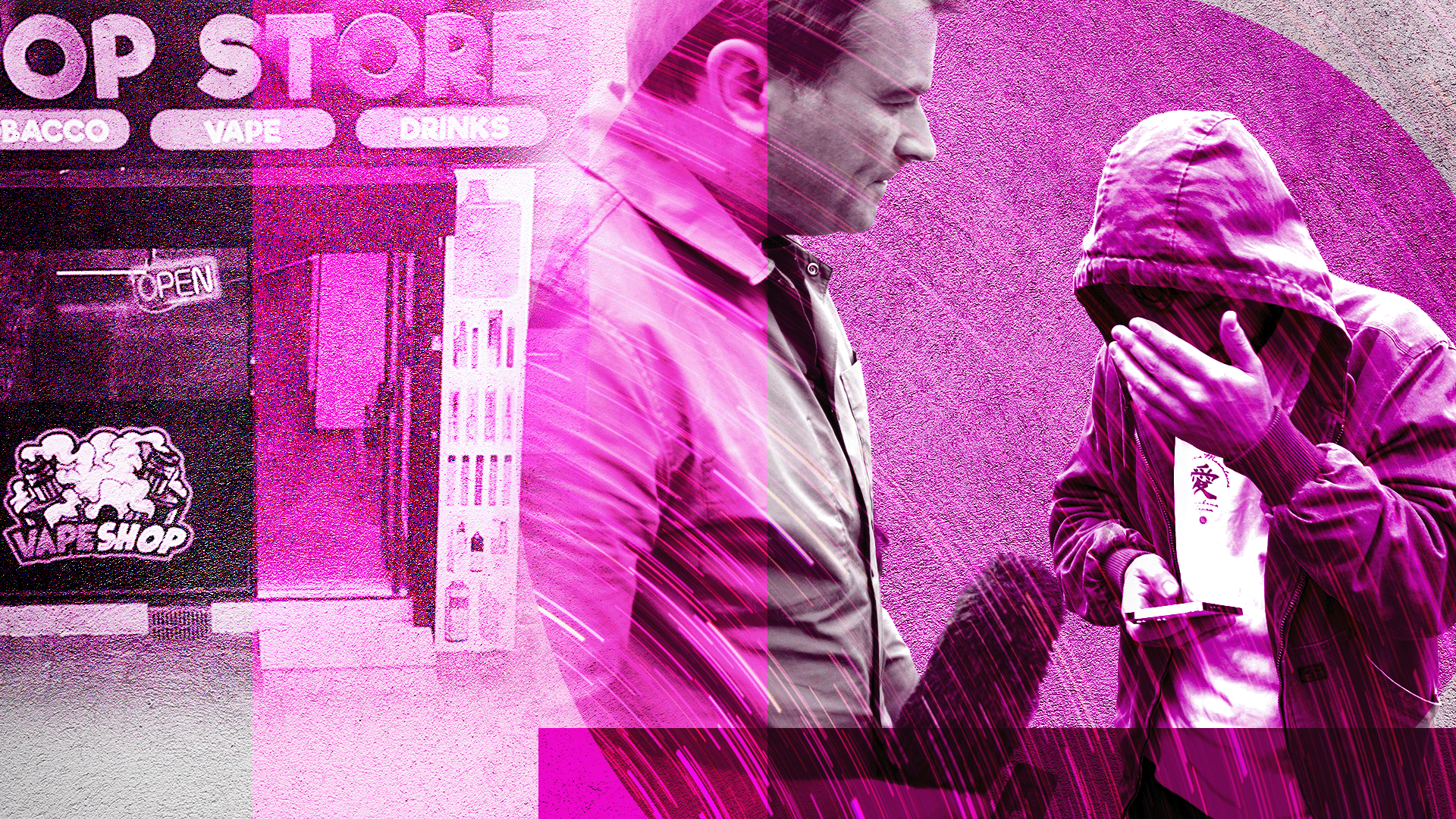 A composite image with a neon pink filter, featuring BBC journalist Ed Thomas in profile, door stepping a shopkeeper with his hood up and his hand over his face. To the left of the frame is a separate image of a mini-mart shopfront with the words "vape" and "vape shop" visibly advertised.