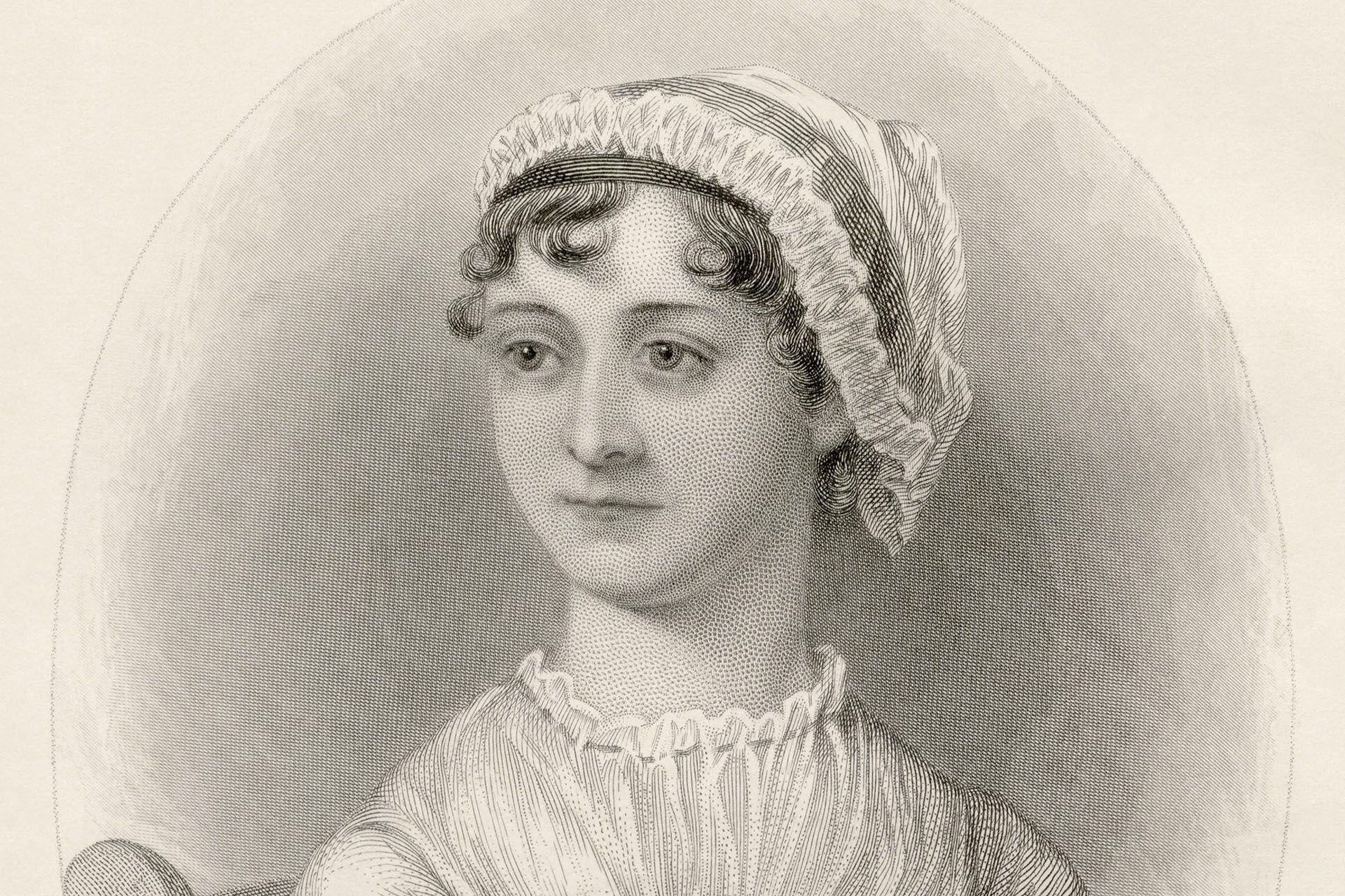 a sketch of jane austen. she is looking to the left and is wearing a bonnet
