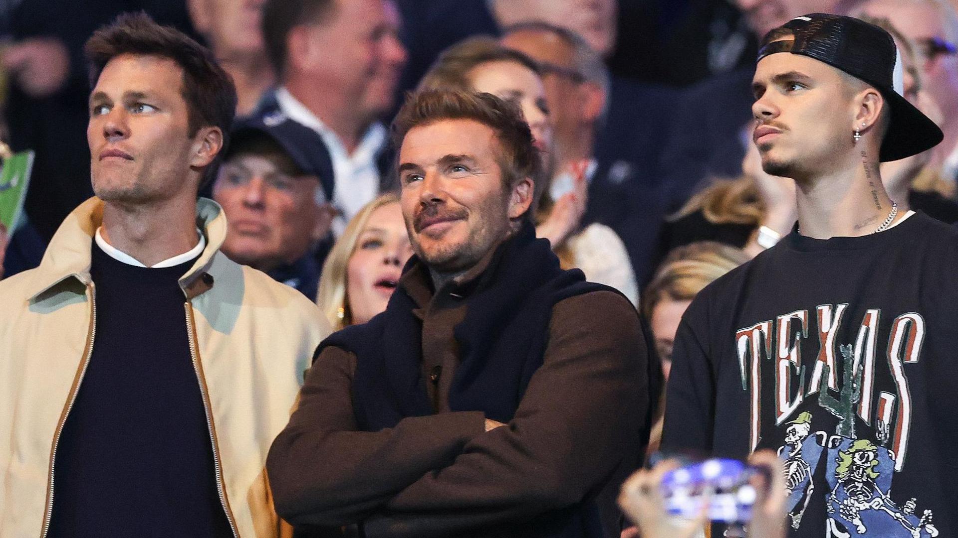 Birmingham City minority owner Tom Brady with David Beckham and Romeo Beckham at last season's game against Wrexham at St Andrew's