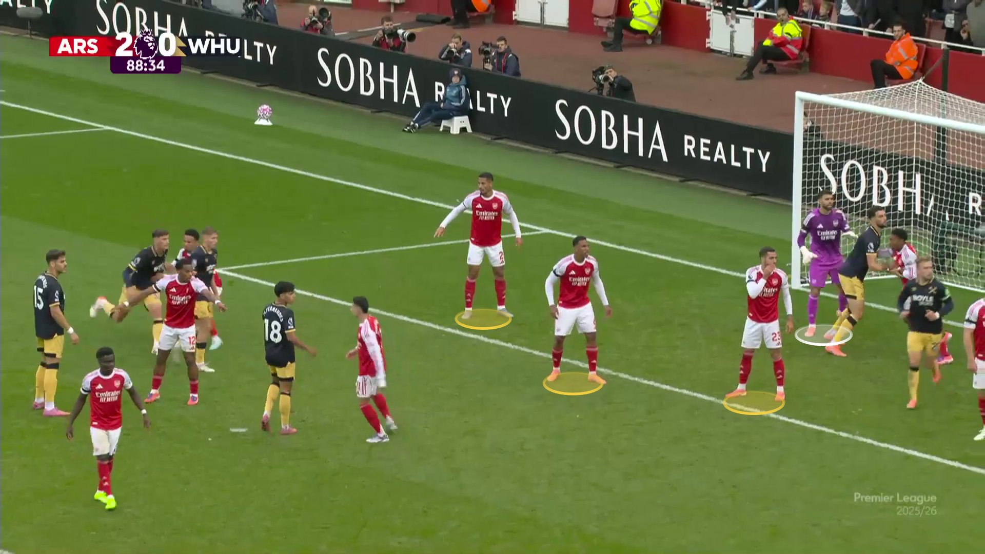 A screengrab from Arsenal vs West Ham this season showing Saliba, Gabriel and Merino's position at a corner away from Raya who has space to come for crosses himself.