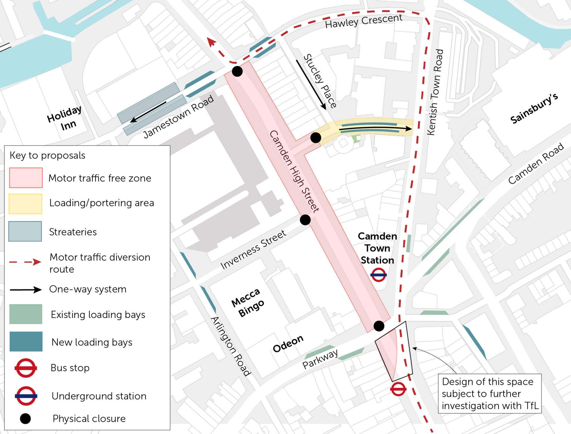 A map showing changes in red yellow and blue to bus and traffic routes in the Camden High Street area