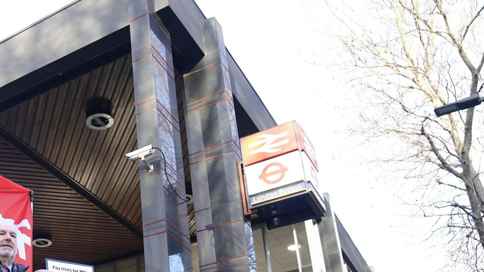 Euston's external marble columns can be seen with bands wrapped around them