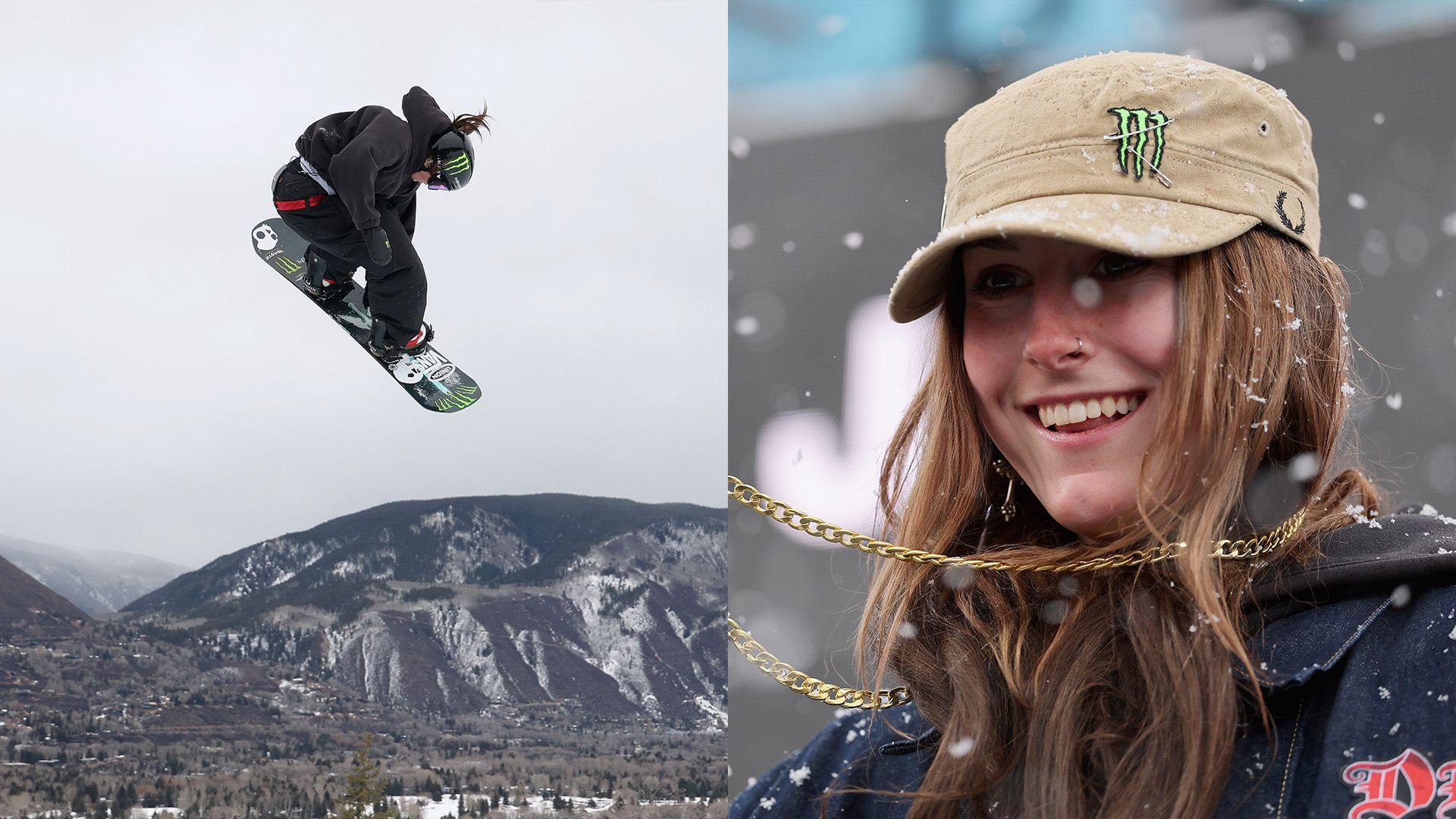 Two images of Mia Brookes side by side. The one of left is of Mia in action on her snowboard. She is mid-jump. On the right she is smiling while it snows
