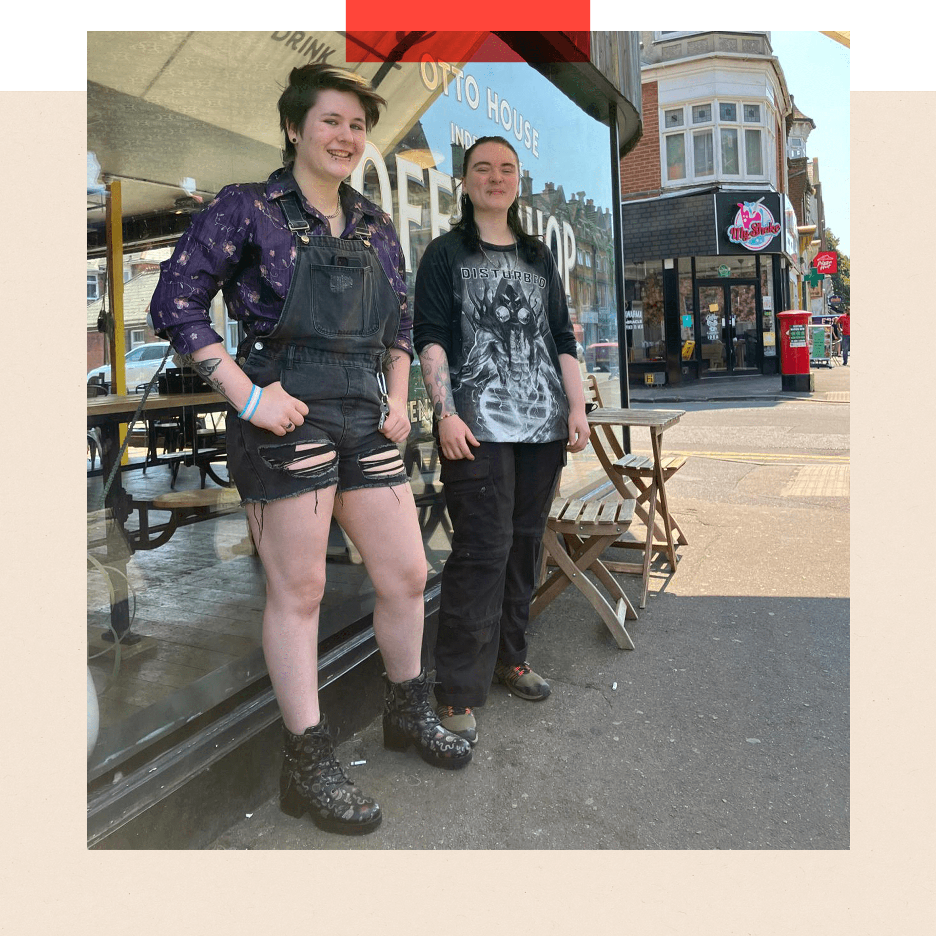 Conor Ariss, 21, and Rowan Blackwell-Cronie, 22, outside the Otto Print and Coffee House in the Winton area of Bournemouth