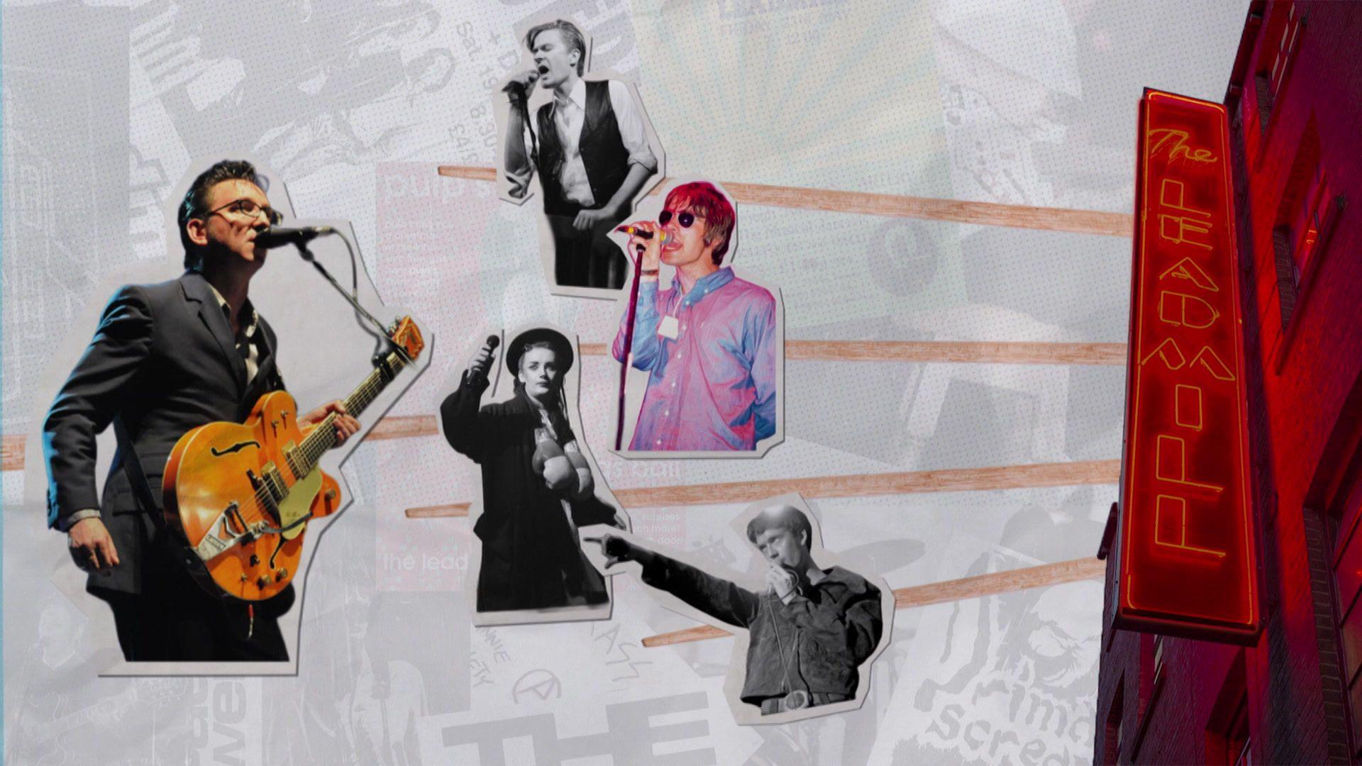 Graphic image of The Leadmill showing some of the bands and acts who have been on stage including Jarvis Cocker of Pulp and Liam Gallagher of Oasis
