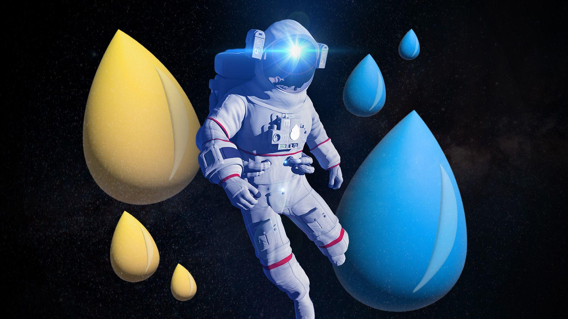 Astronaut surrounded by yellow and blue droplets