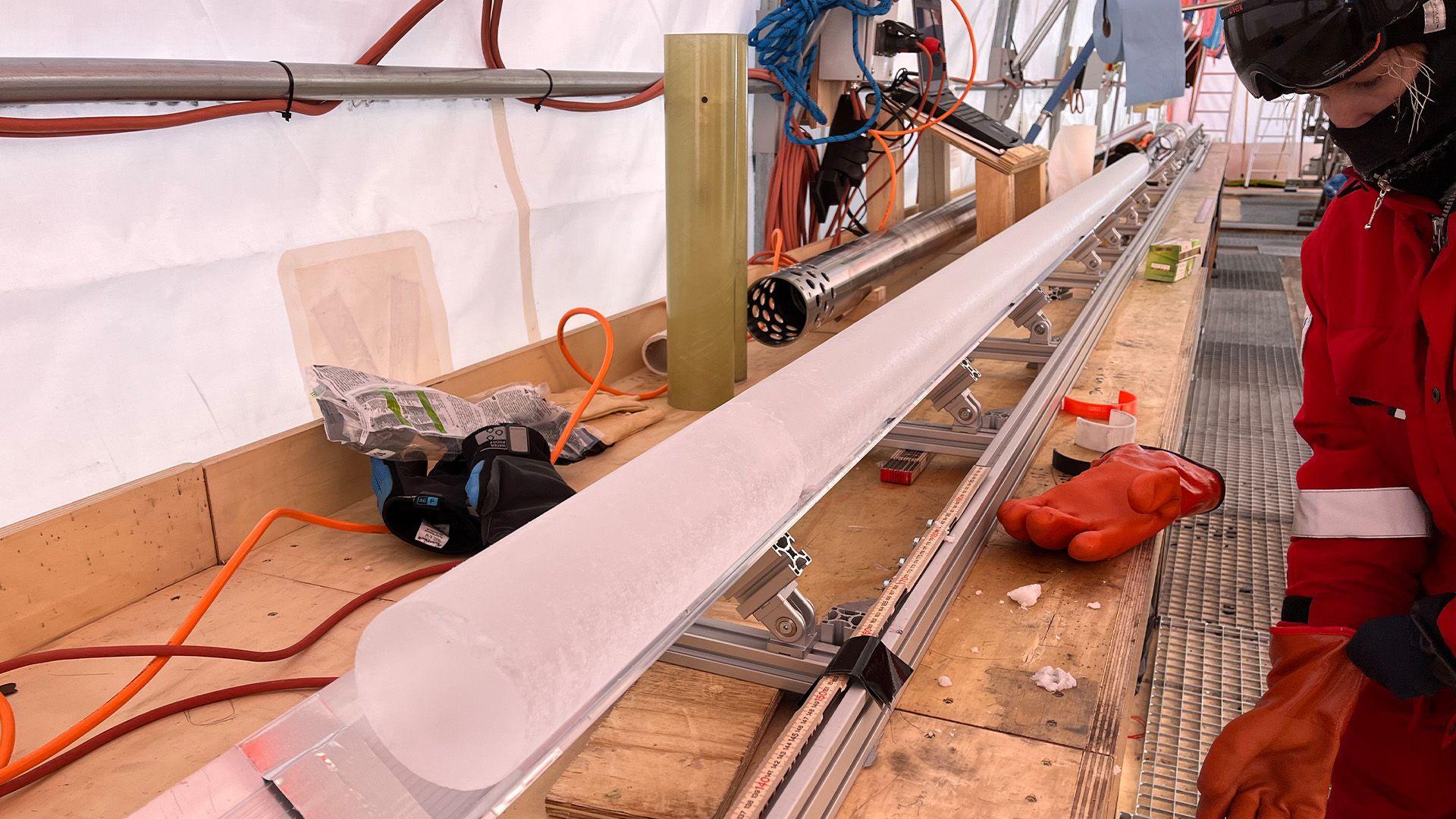 The ice core is cut into 1m pieces and will eventually be divided among scientific institutions for analysis