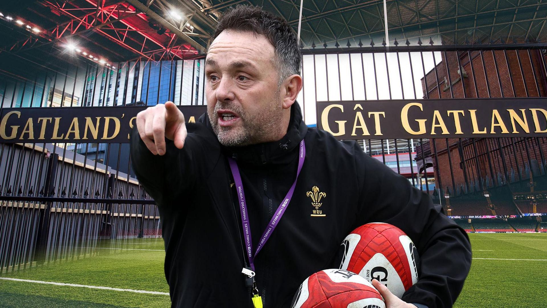 Matt Sherratt mocked up in front of the "Gatland Gates" at the Principality Stadium