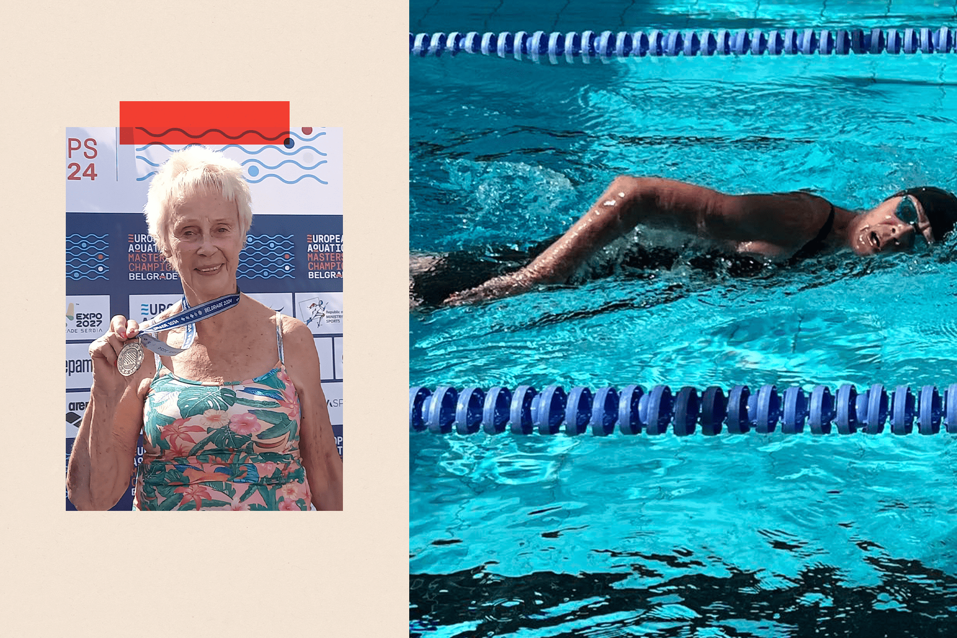 Two images: Elisabeth Ketelsen with a medal and Elisabeth Ketelsen while swimming