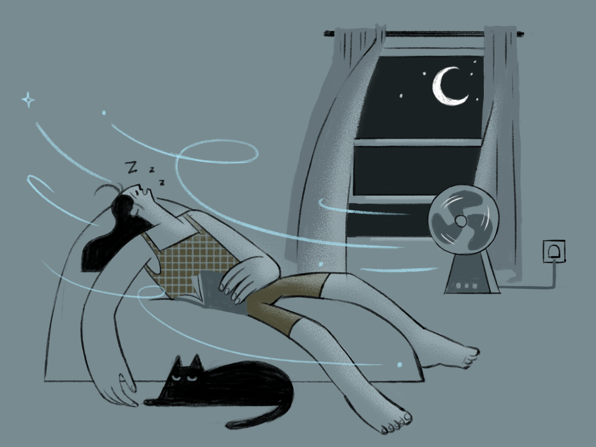 Stylised illustration of a person asleep in a chair at night while a fan blows cool air across the room. The person is reclining with eyes closed and “Z” symbols above the head, wearing a checked sleeveless top and shorts. Curved blue lines show airflow moving around the room. A black cat lies curled up on the floor beneath the chair. In the background, an open-curtained window reveals a dark night sky with a crescent moon and stars. A small electric fan sits on a table beside the window, plugged into a wall socket. The image uses muted grey, black, olive green and pale blue tones.