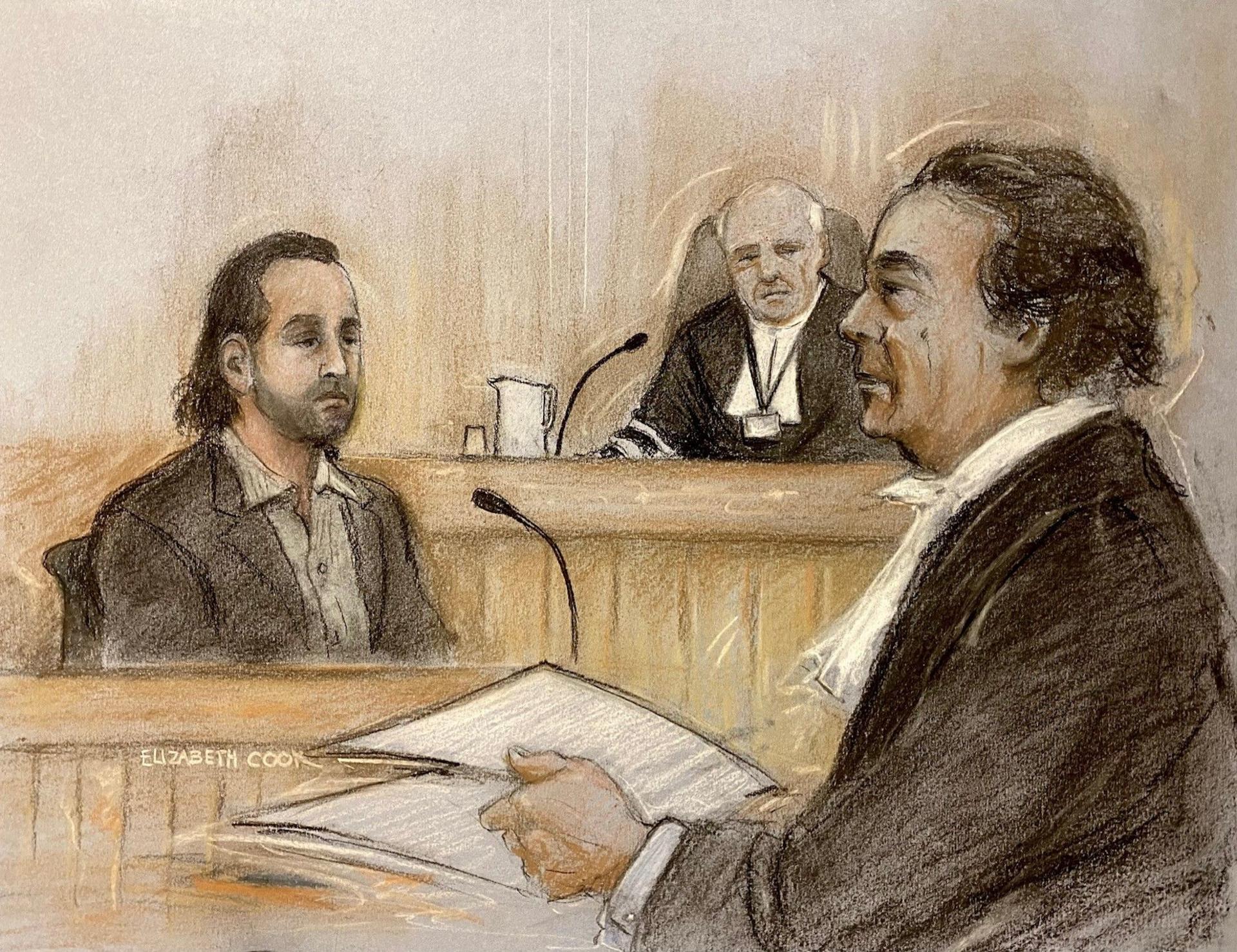 An illustration of Jozef Puska in court