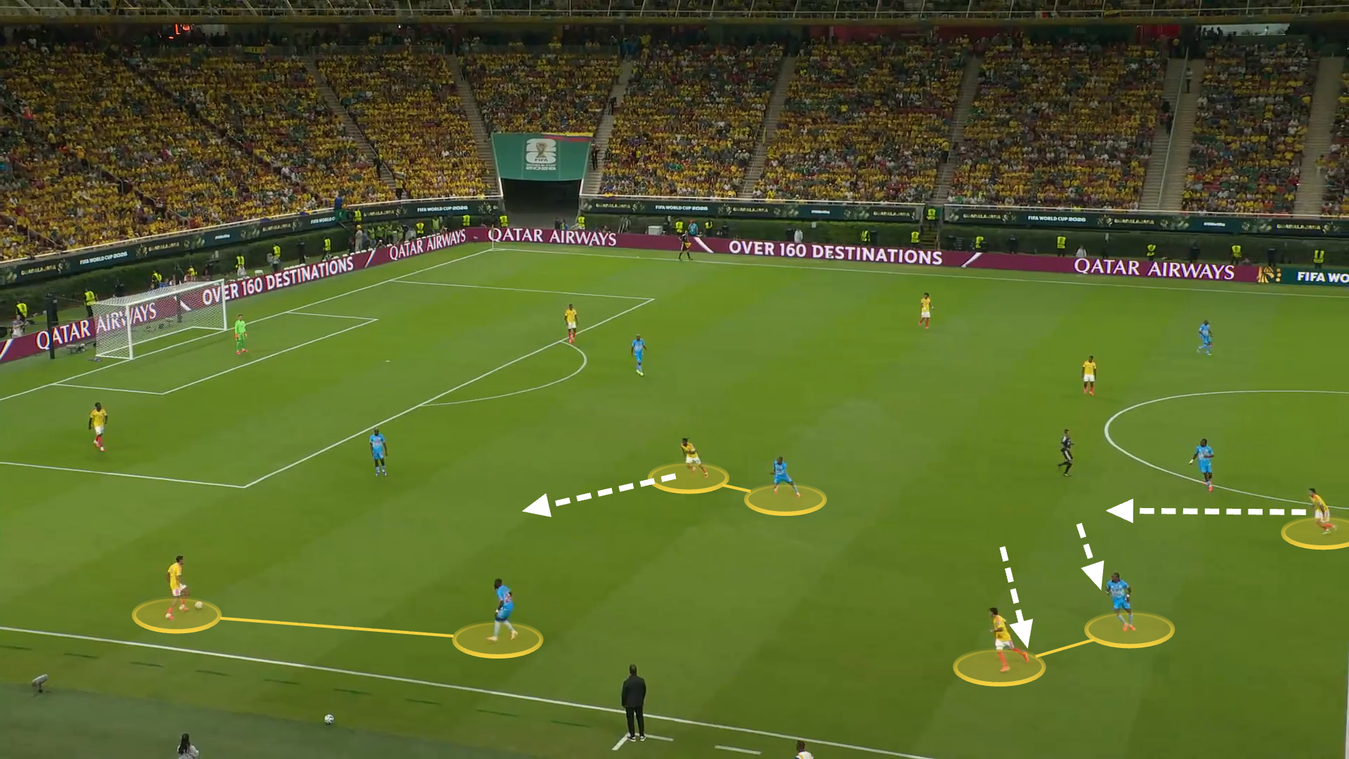 Screengrab from Colombia v DR Congo showing DR Congo's man-to-man press from Colombia goal-kick and clever rotations from Colombia's midfield