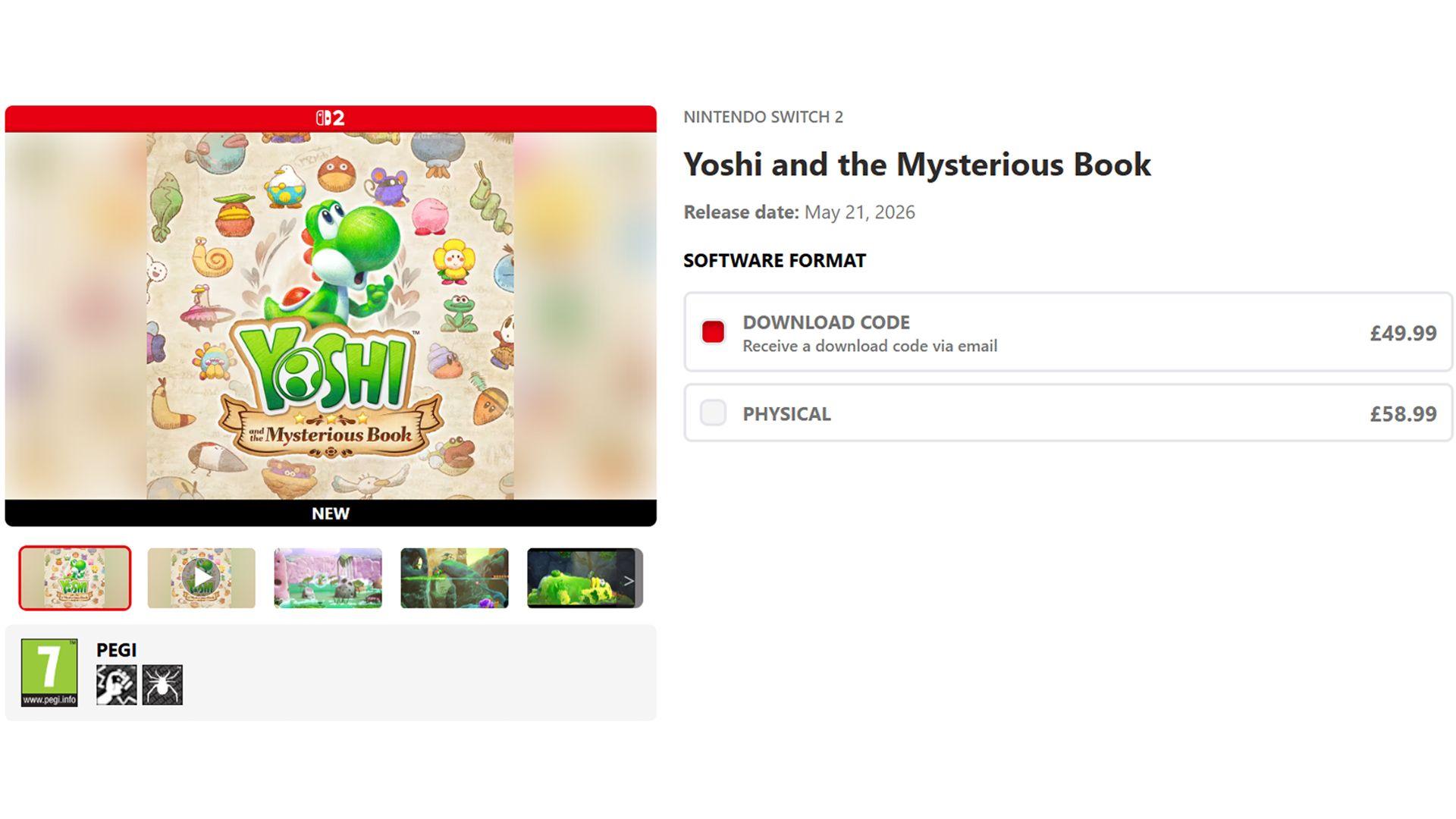 a screen grab of the Nintendo store showing the price difference between physical and digital copies of Yoshi and and the Mysterious Book