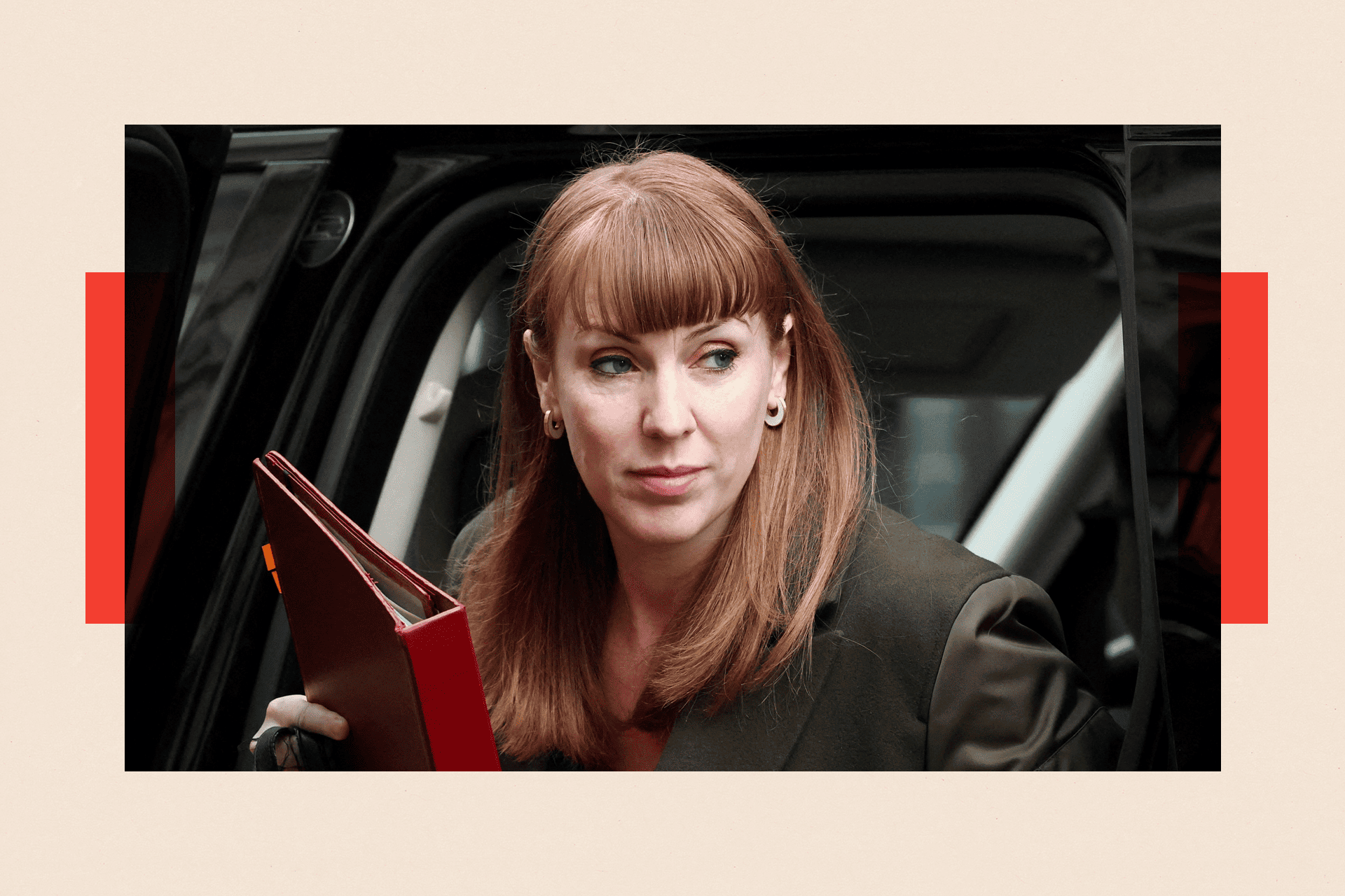 Former Deputy Prime Minister Angela Rayner exits a black vehicle, wearing a black jacket and holding a dark red folder, as she looks to her side.