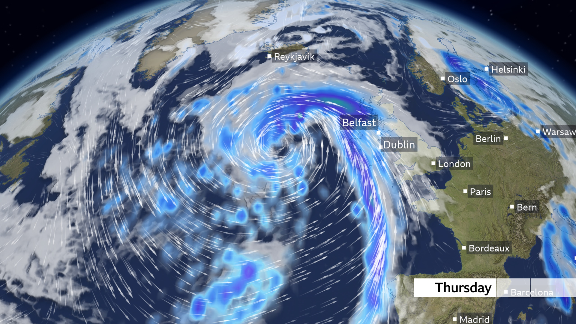 A weather graphic showing rain on thursday