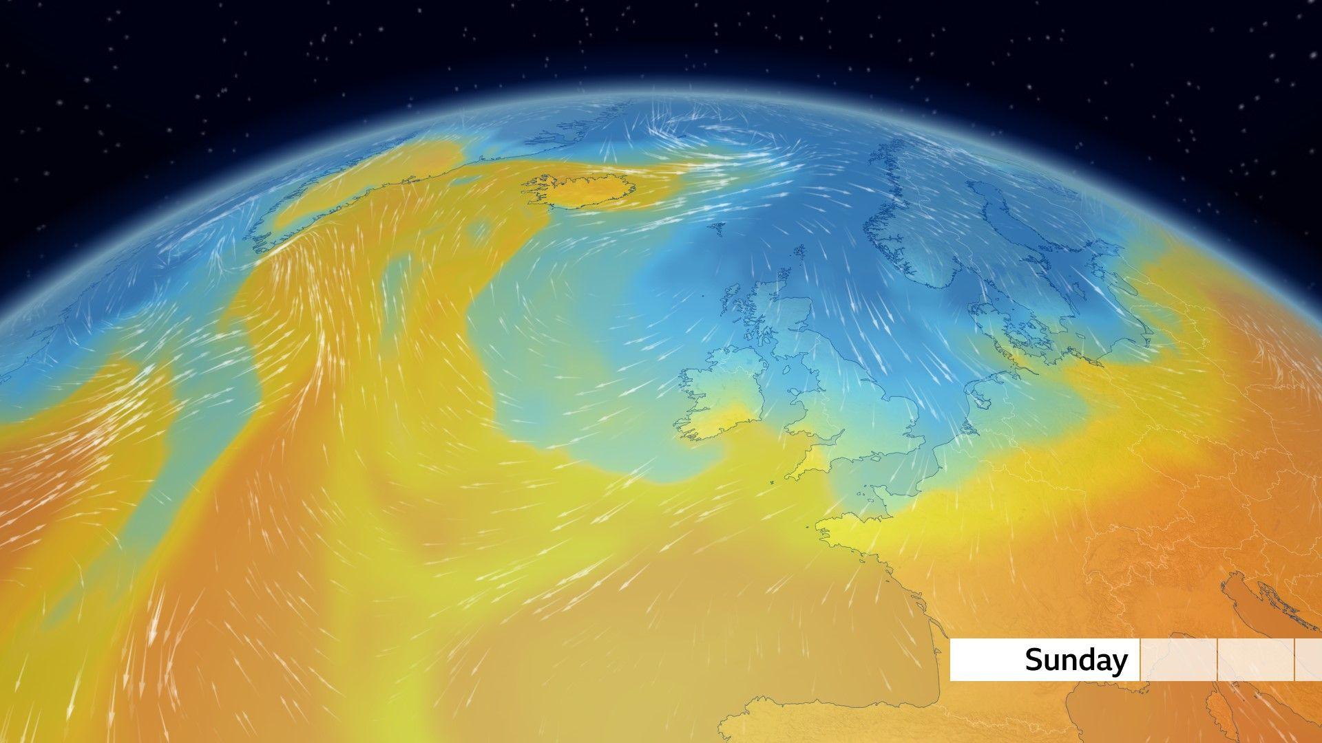 An air mass chart showing the UK in blue marking colder air with wind arrows from the north