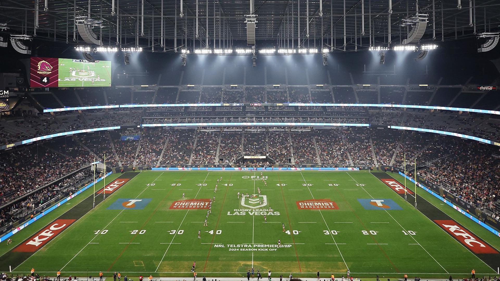 The Allegiant Stadium in Las Vegas with rugby posts up, from a high vantage point so as to allow the full setting of the pitch to be appreciated