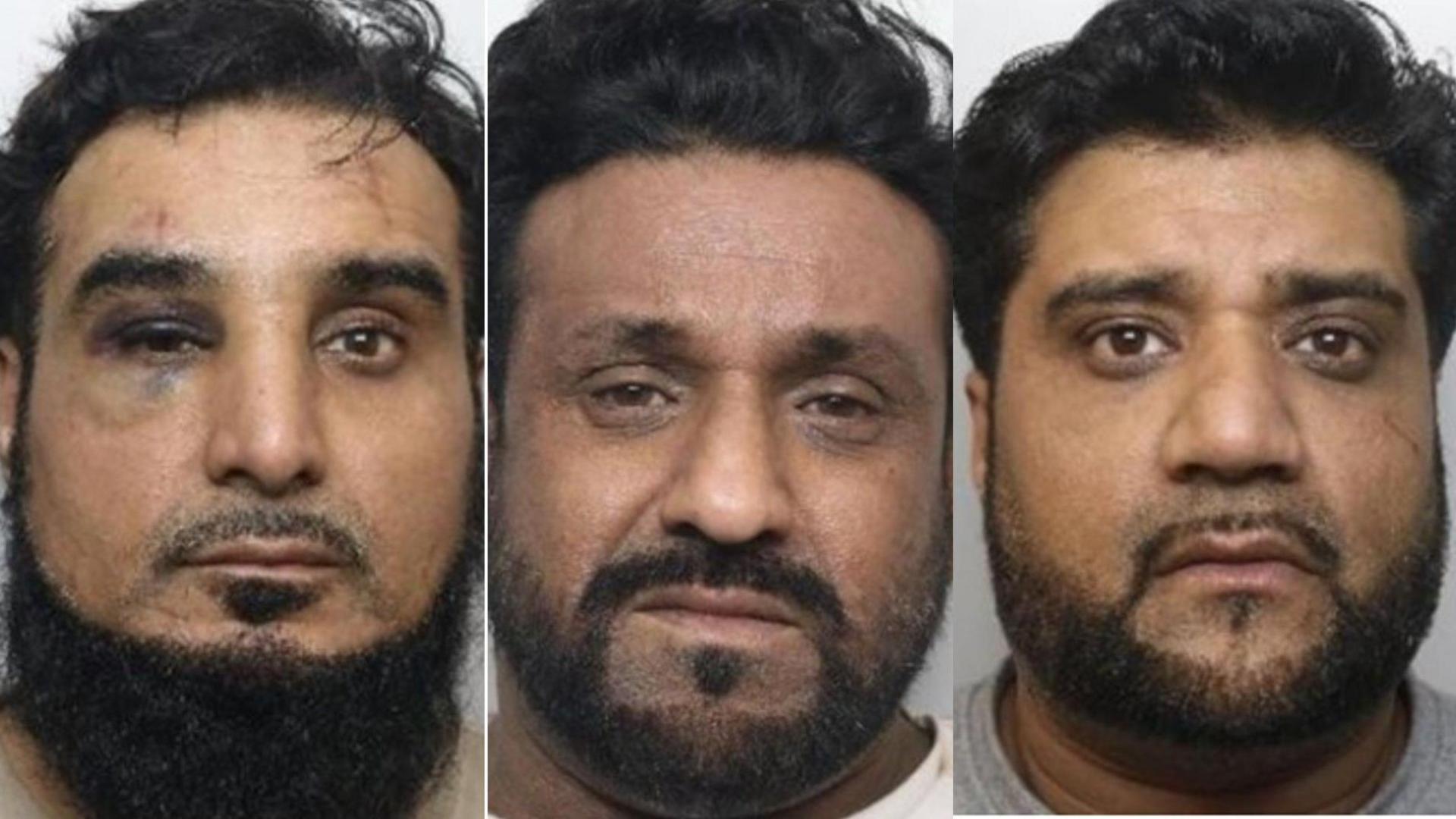 All three men have black hair, brown eyes and facial hair. Talhat appears to have a black eye. 