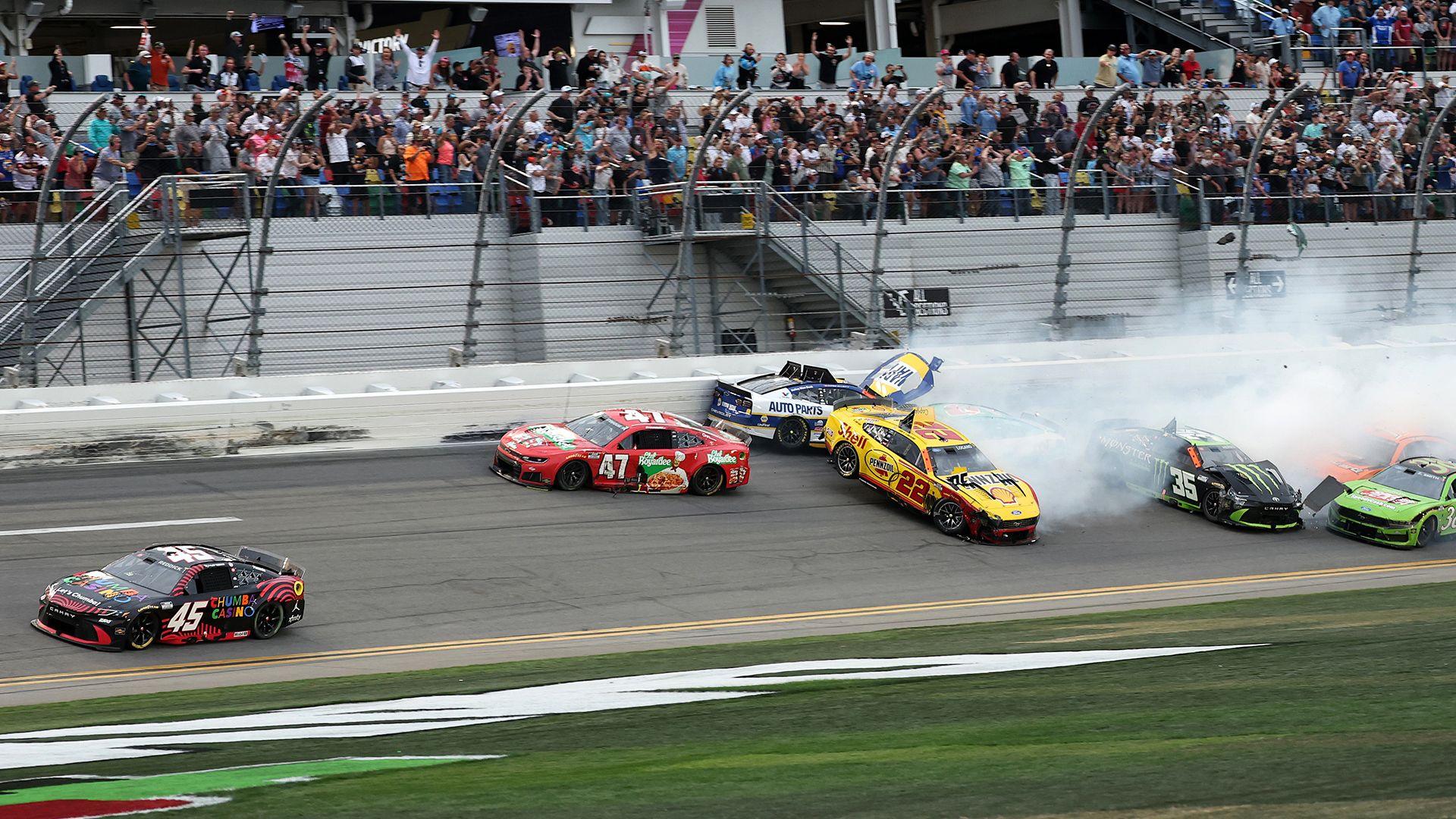 Tyler Reddick wins the Dayton 500 as a number of cars crash behind