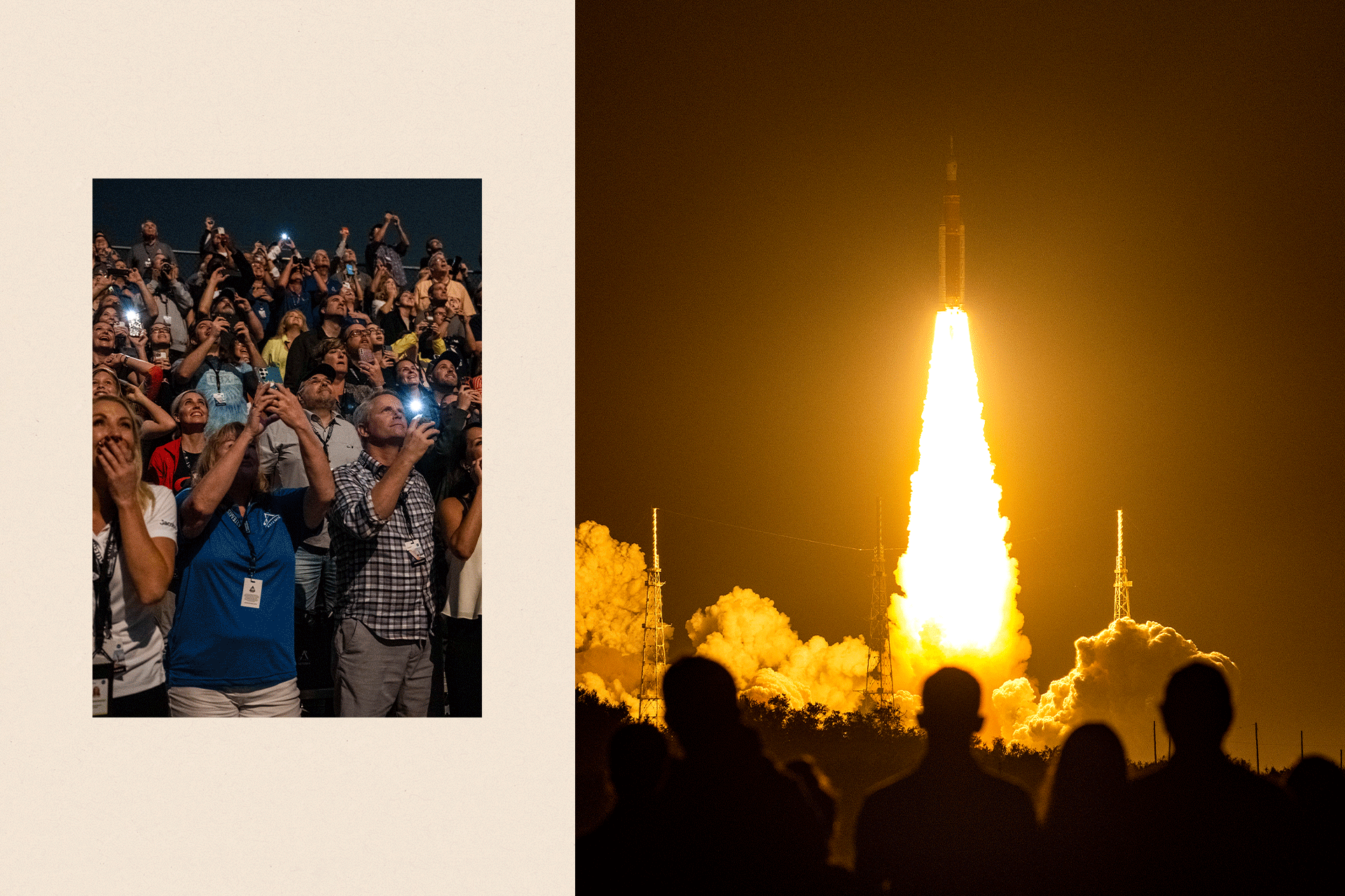 Collage showing spectators on the left and on the right an Artemis unmanned lunar rocket lifting off at Nasa's Kennedy Space Center in Cape Canaveral, Florida