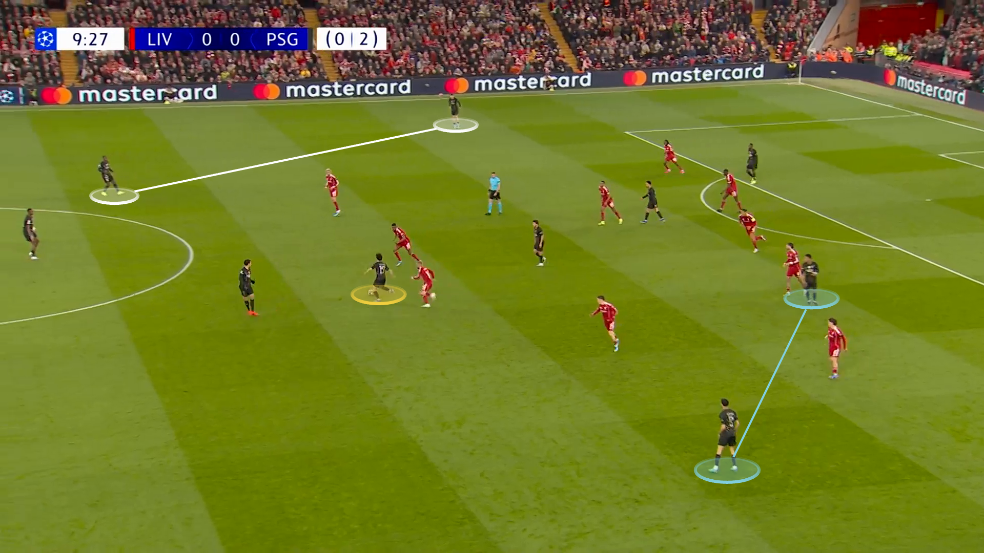 Screengrab showing the structure and rotations in PSG's side looking at Nuno Mendes dropping into a back three with Kvaratskhelia staying on the left wing and Hakimi staying on the right with his winger moving centrally