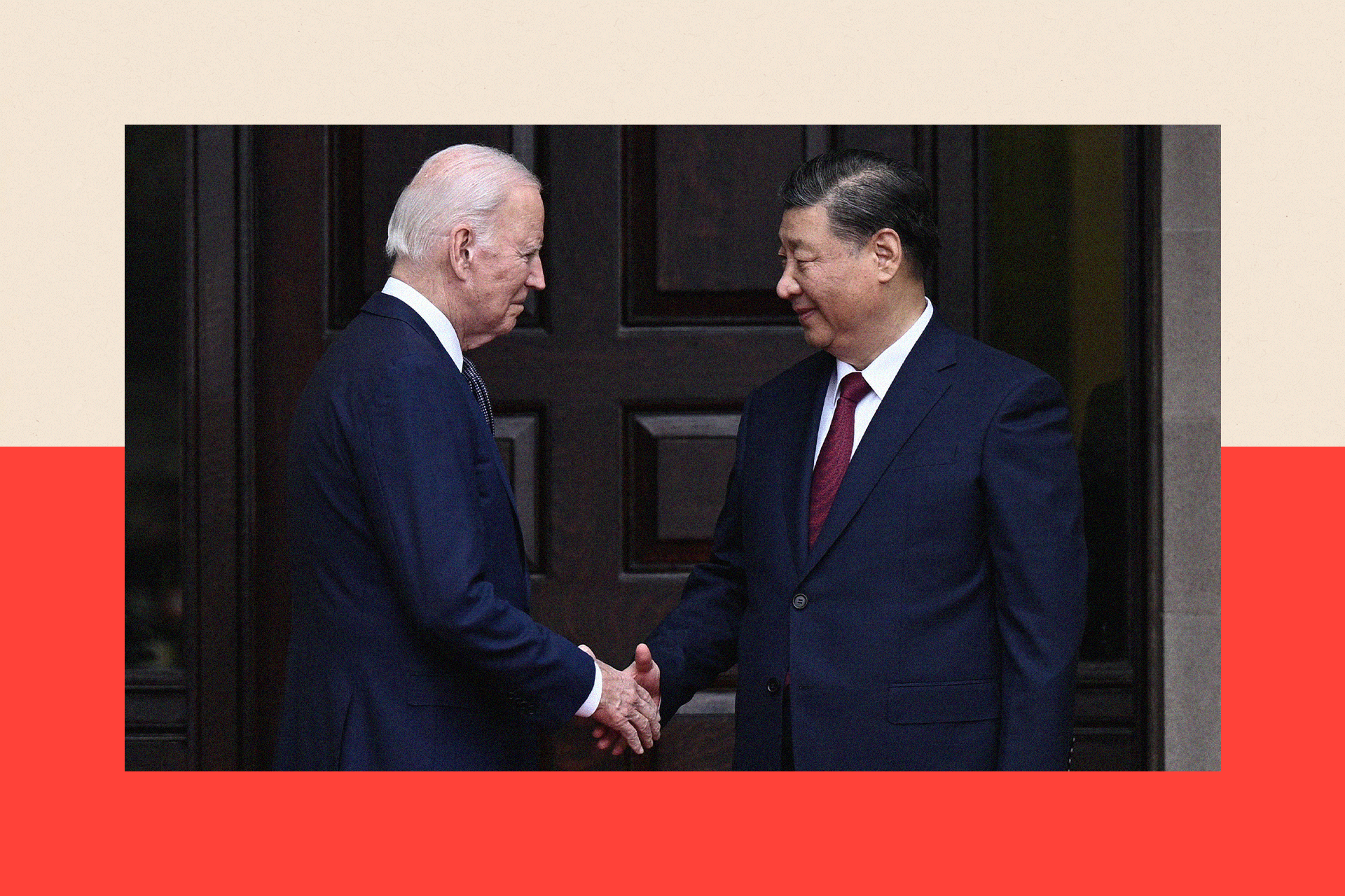 Joe Biden greets Chinese President Xi Jinping. They both wear suits and shake hands.