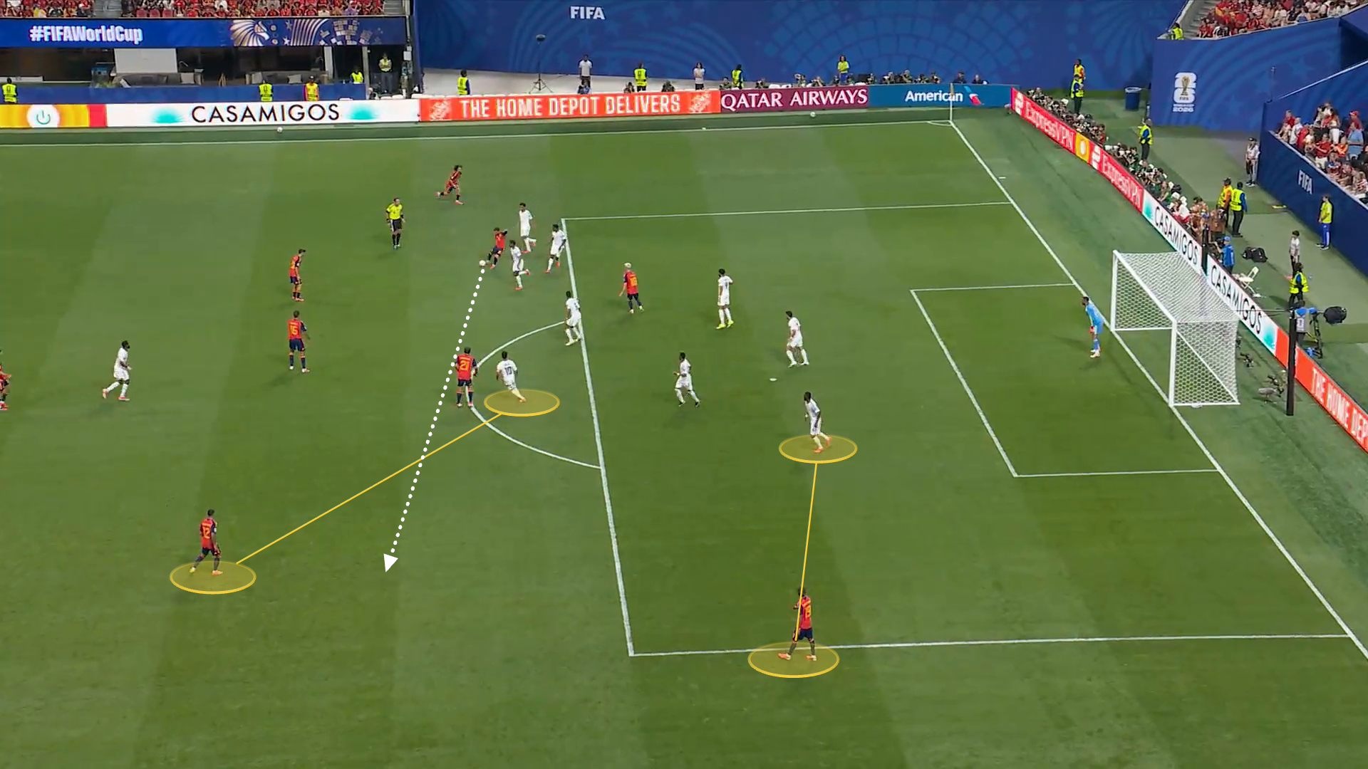Screengrab from Spain v Saudi Arabia showing Spain finding the free man on the far side following a switch against Saudi Arabia's 5-4-1 after it had been dragged towards the ball