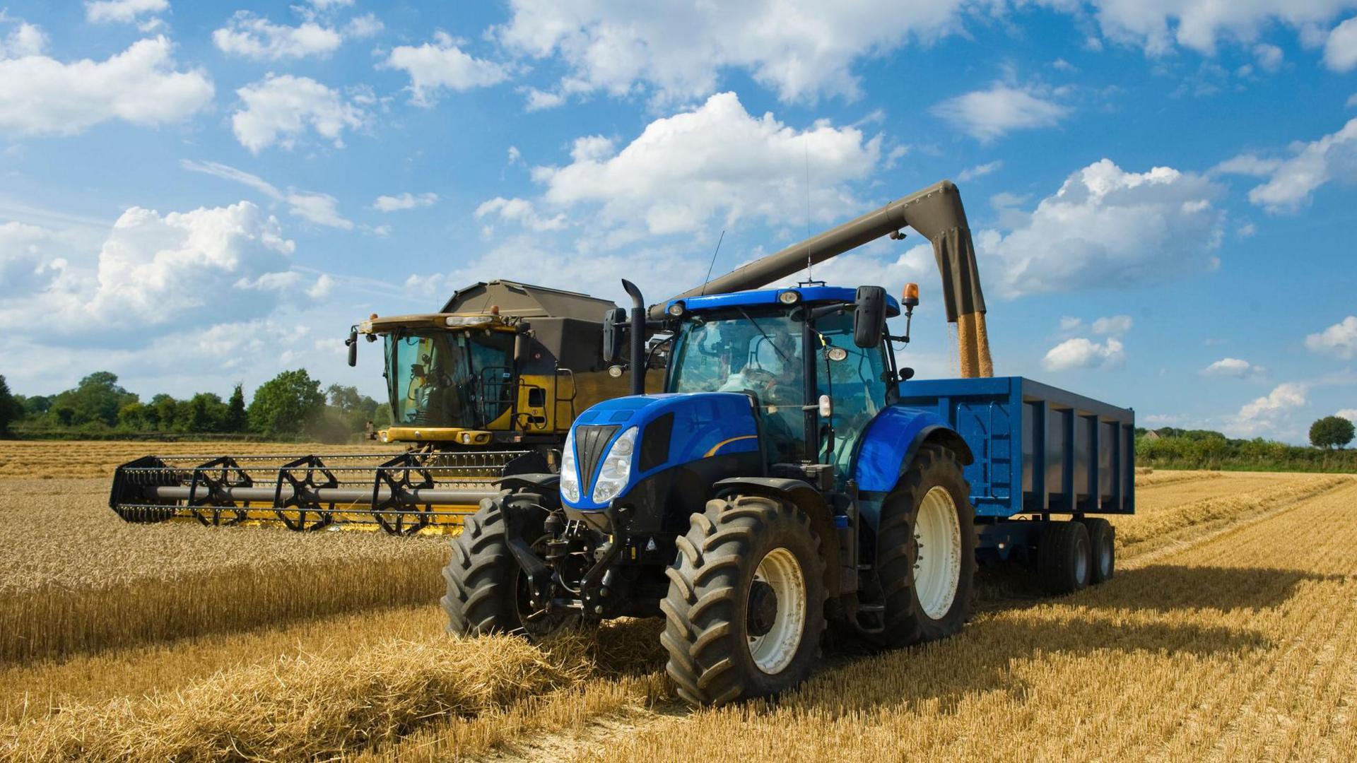 A large blue tractor pulls a blue trailer, which is being filled with grain being cut by a yellow combine harvester. It is a sunny day and there are fluffy clouds in the blue sky.