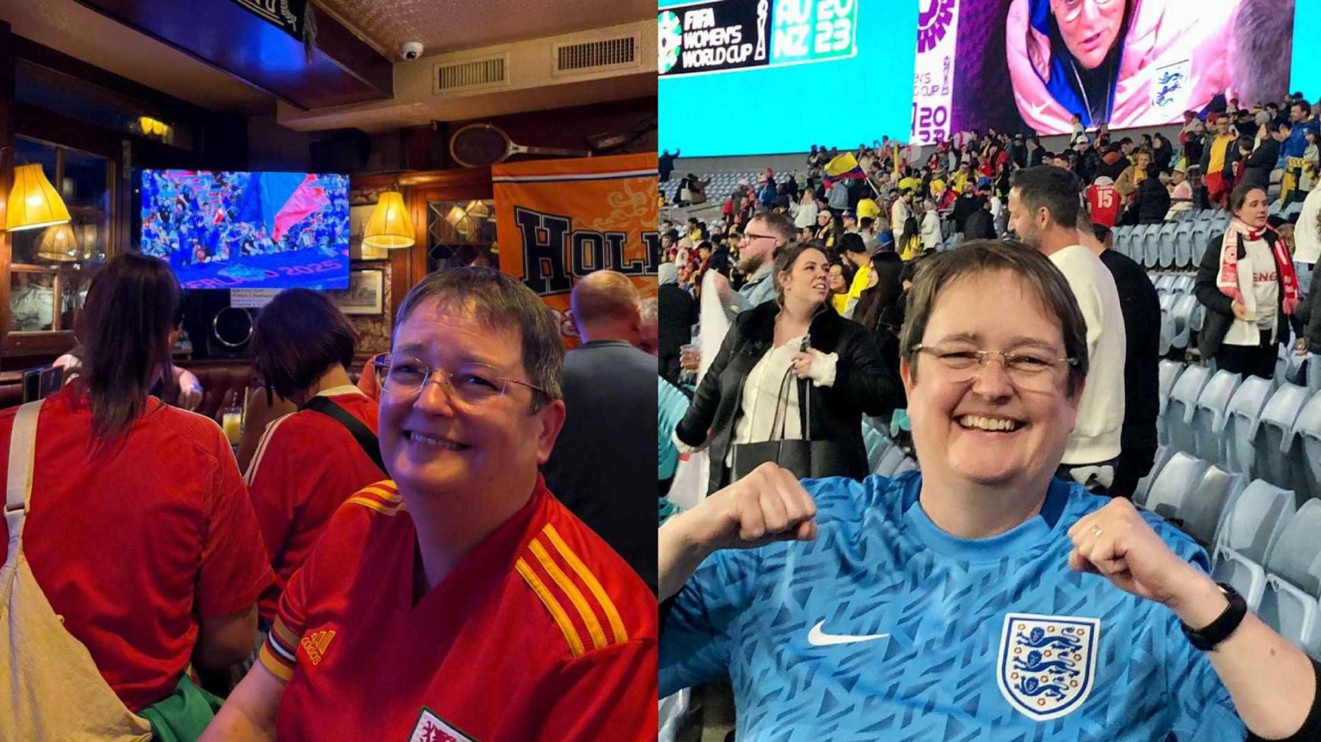 Nicola Chapman mewn crysau Cymru a Lloegr