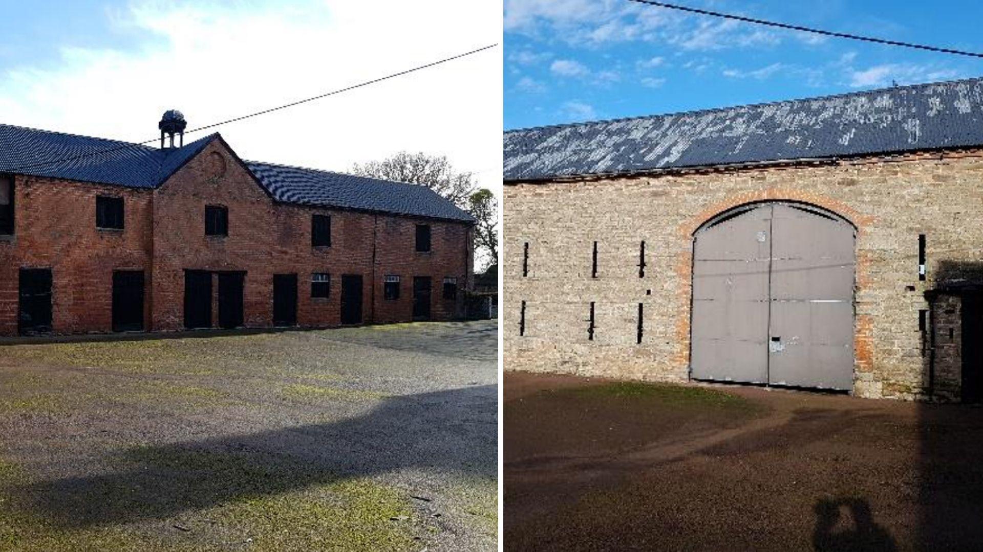 Composite image of two farm buildings, one in red brick with windows and a black slate roof, the other with lighter stone walls and slit windows