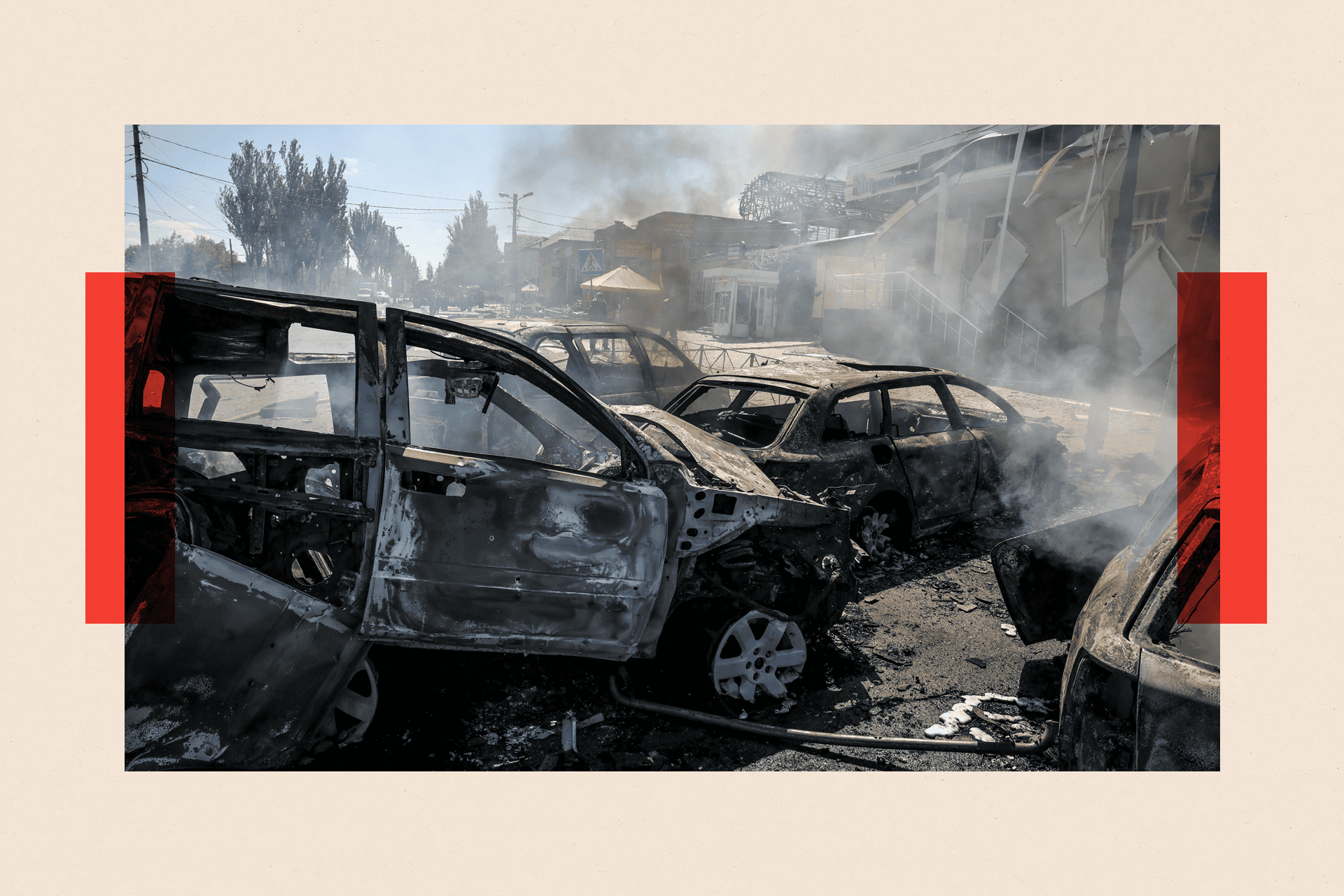 The site of a Russian drone strike on a market in the frontline city of Druzhkivka in the Donetsk region, Ukraine,