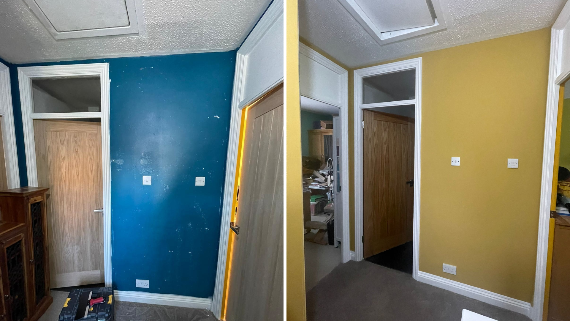 A before and after photo of the hallway. It shows a wooden door which remains unchanged. In the before photo, the wall is blue with specs of white on it where holes have been filled in. There is a toolbox on the floor. In the after photo, the wall has been painted yellow.