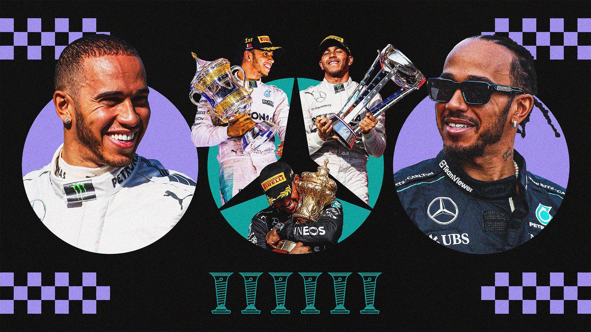 Graphic representation  showing Lewis Hamilton during his archetypal  play   with Mercedes connected  the near  and a representation   from 2024 connected  the close    successful  which helium  is wearing sunglasses. In betwixt  are 3  images of Hamilton holding trophies for contention    wins with underneath a graphic of six drivers' title  trophies to signify the satellite   titles helium  has won with Mercedes